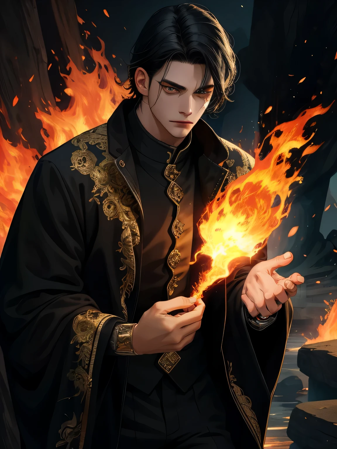 Masterpiece, High detail, Best quality, Man, ((16 years)), High detail, detailed face ((black hair, dark eyes)), smooth skin, magic, fire mage, black clothes, holds fire in hand, dynamic pose, natural light