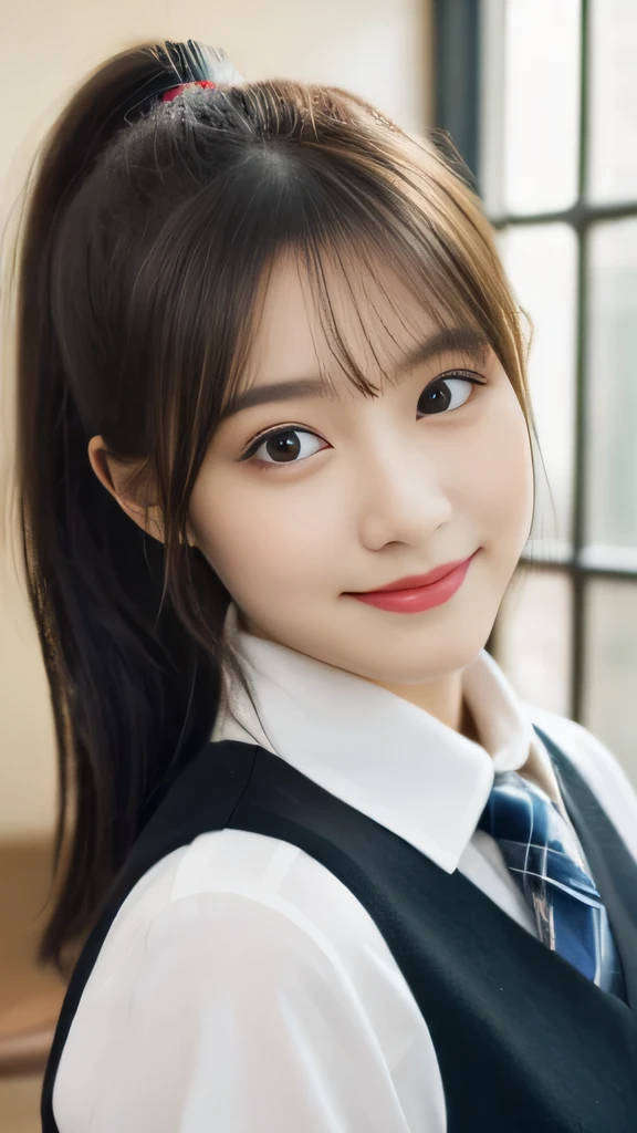 masterpiece,highest quality,official art,High Definition CG Unity 8K Wallpaper High School Girl,very delicate and beautiful,超High resolution,(realistic:1.4),golden hour lighting,(Full body Esbian),In the classroom,(platinum short hair:0.8),(cute eyes),looking at the viewer,facing the front,ponytail hair, 笑face,JK's Skirt(plaid), bust,high school uniform,tie, masterpiece, highest quality, Raw photo, realistic, face, incredibly irrational solution, written boundary depth, High resolution, Super detailed, small details, very detailed, 非常に詳細な目とface, sharp pupils, realisticな生徒, fix sharp focus, cinematic lighting, Idol style、very cute:1.2、black haired、bangs、