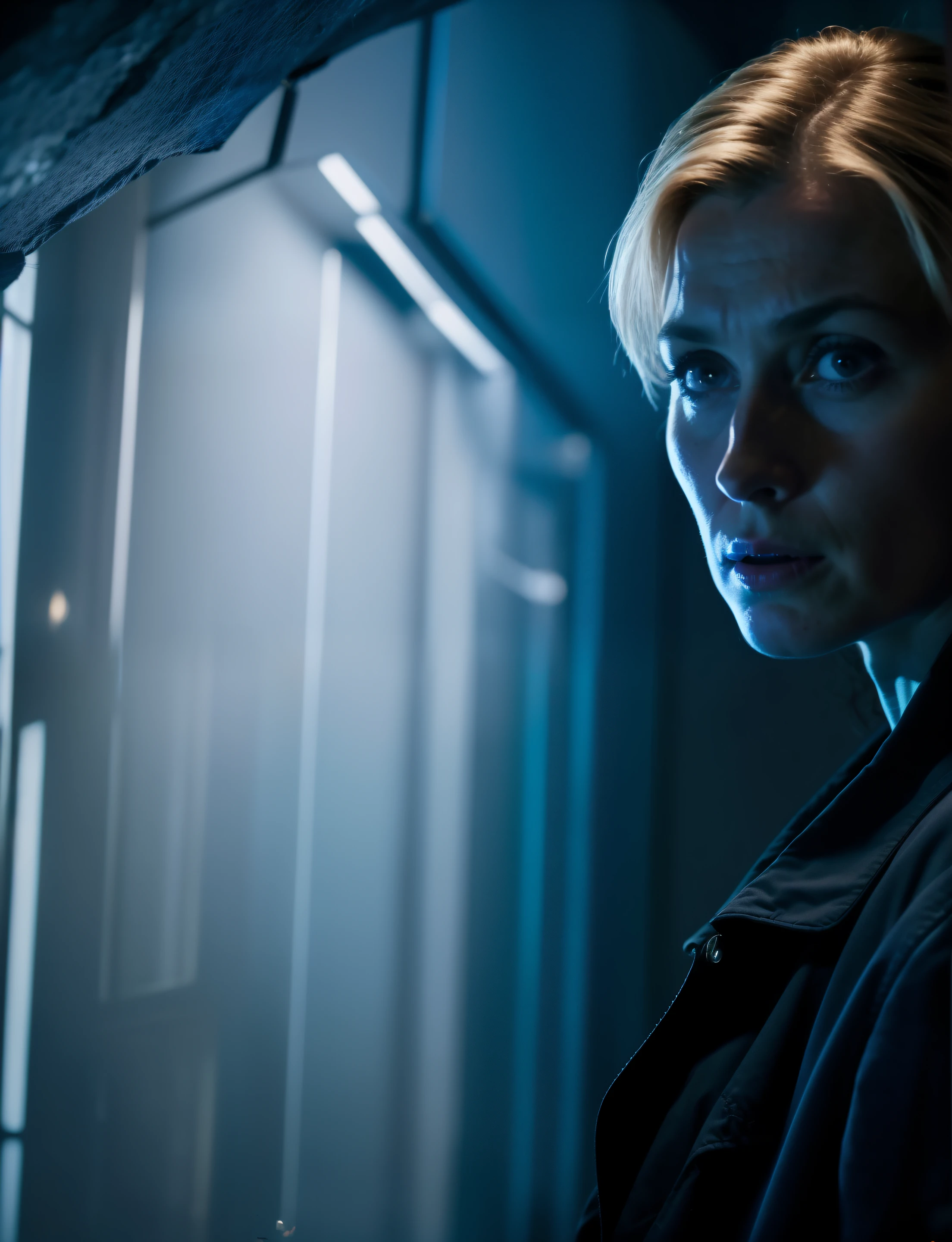 arafed woman in a dark room looking at a window, dramatic sci-fi movie still, the 13th doctor regenerating, cinematic blue lighting, sci - fi film still, sci-fi cinematic movie still, great cinematic lighting, sci-fi movie still, photo still, psychological horror movie still, cinematic shot, mid - shot, mid-shot