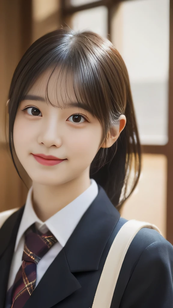 masterpiece,highest quality,official art,High Definition CG Unity 8K Wallpaper High School Girl,very delicate and beautiful,超High resolution,(realistic:1.4),golden hour lighting,(Full body Esbian),In the classroom,(platinum short hair:0.8),(cute eyes),looking at the viewer,facing the front,ponytail hair, 笑face,JK's Skirt(plaid), bust,high school uniform,tie, masterpiece, highest quality, Raw photo, realistic, face, incredibly irrational solution, written boundary depth, High resolution, Super detailed, small details, very detailed, 非常に詳細な目とface, sharp pupils, realisticな生徒, fix sharp focus, cinematic lighting, Idol style、very cute:1.2、black haired、bangs、