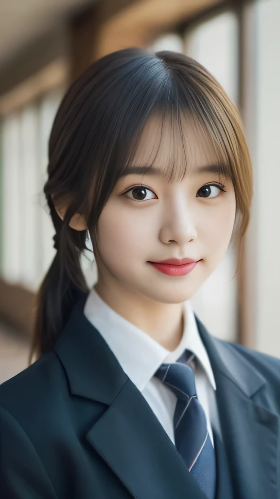 masterpiece,highest quality,official art,High Definition CG Unity 8K Wallpaper High School Girl,very delicate and beautiful,超High resolution,(realistic:1.4),golden hour lighting,(Full body Esbian),In the classroom,(platinum short hair:0.8),(cute eyes),looking at the viewer,facing the front,ponytail hair, 笑face,JK's Skirt(plaid), bust,high school uniform,tie, masterpiece, highest quality, Raw photo, realistic, face, incredibly irrational solution, written boundary depth, High resolution, Super detailed, small details, very detailed, 非常に詳細な目とface, sharp pupils, realisticな生徒, fix sharp focus, cinematic lighting, Idol style、very cute:1.2、black haired、bangs、