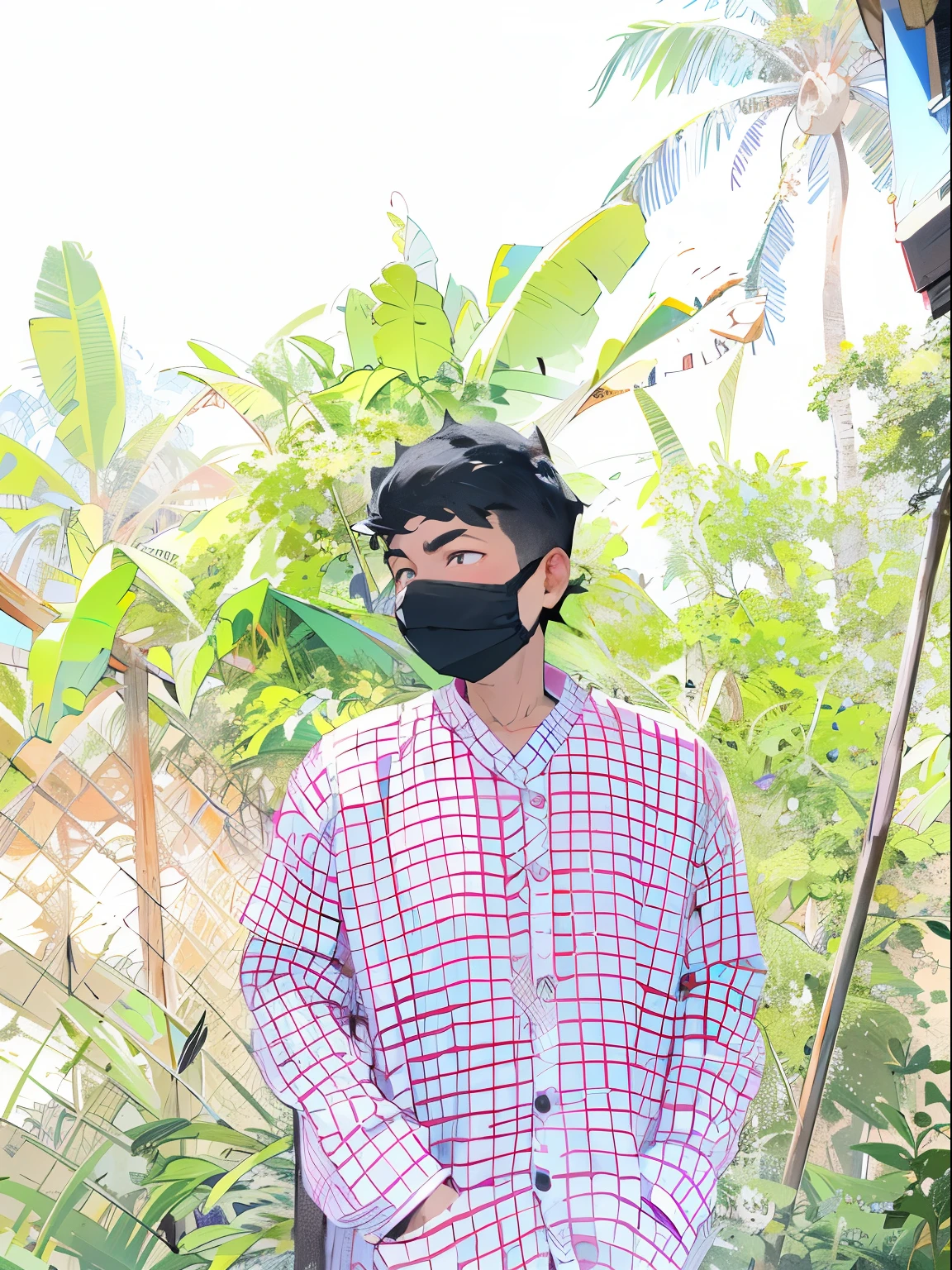 arafed man wearing a face mask standing in front of a tree, wearing all black mempo mask, wearing mask, wearing facemask, assamese aesthetic, full mask, wearing a mask, some of them use gask mask, no face mask, mask, facemask, with lovely look, wearing wooden mask, black facemask, one single mask
