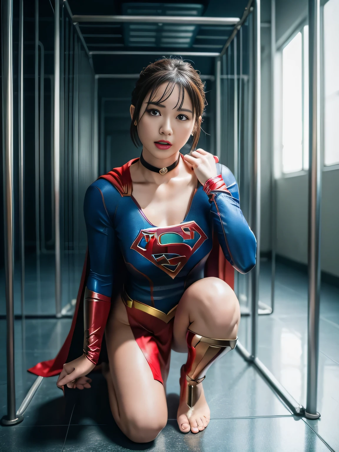 masterpiece、supergirl costume、short hair、barefoot、big and full breasts、Crisis situation、Complete surrender、prison、in a cage、torture、kneel down、sweaty、shiny、looking at camera、Seduce、choker、long sleeve、red sexy pose、POW camps、humiliating