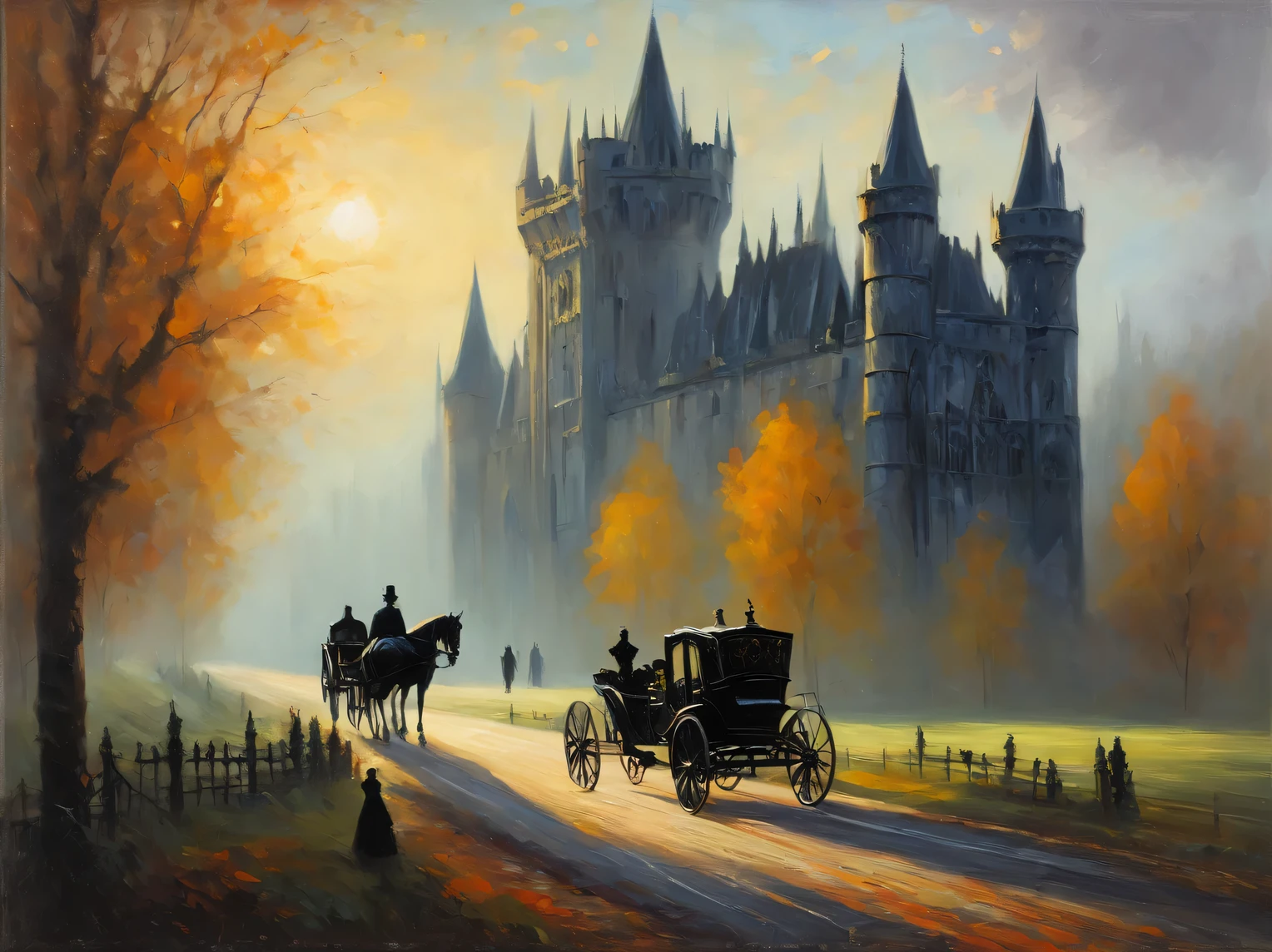 gothic aesthetics, gothic morning, Gothic landscape, Gothic castle in the morning sun, road, conveyance, couple walking on the road, Gothic palette, A high resolution, play of colors and shadows, oil painting, High resolution 32K, A high resolution