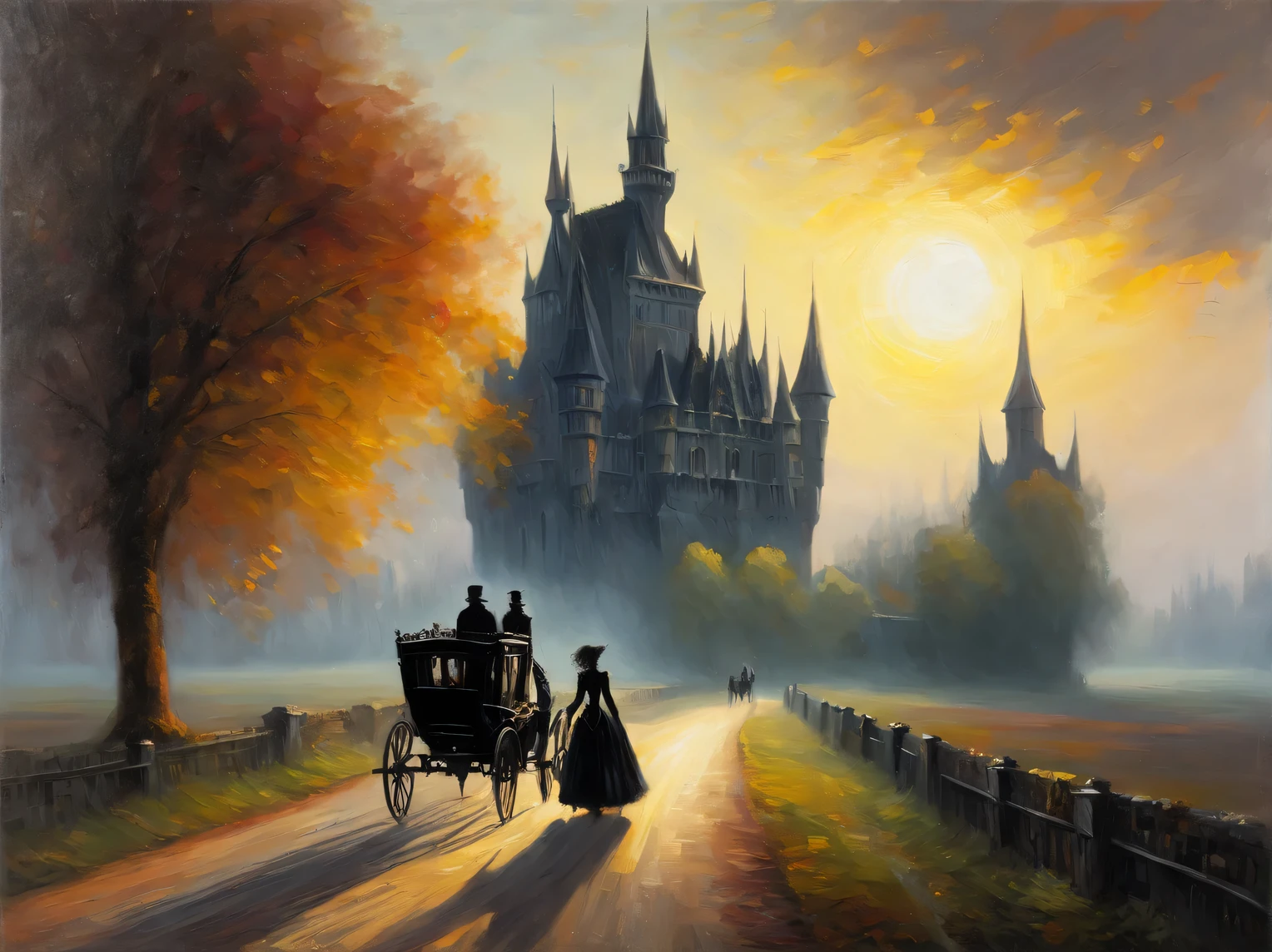 gothic aesthetics, gothic morning, Gothic landscape, Gothic castle in the morning sun, road, conveyance, couple walking on the road, Gothic palette, A high resolution, play of colors and shadows, oil painting, High resolution 32K, A high resolution