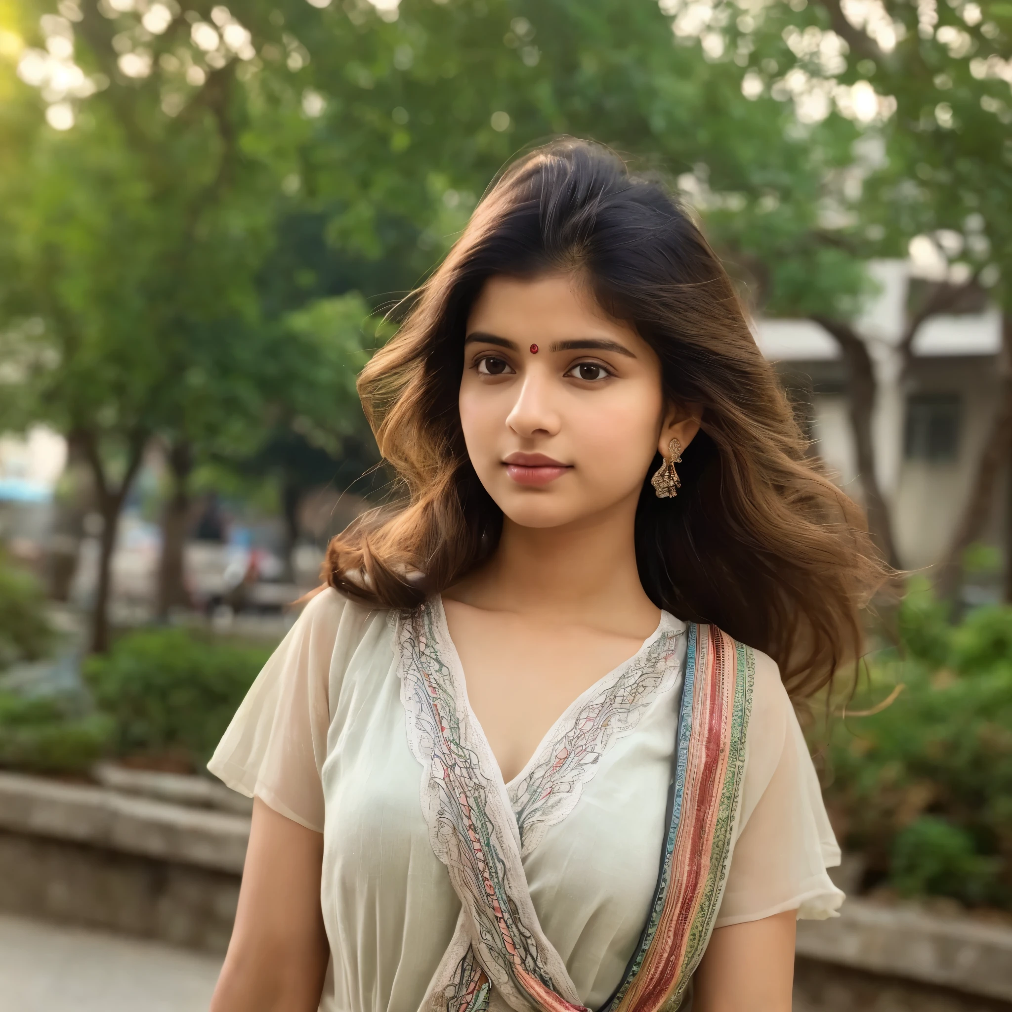 (((desi Indian girl))), face features like Riddhi Dogra, ((hair ends are blonde)), Outdoors background, (((ultrarealistic, highly detailed, 8k))), Daylight good morning, wearing cotton salwar kameej, top buttons are opened, slight cleavage show, (half body shot)