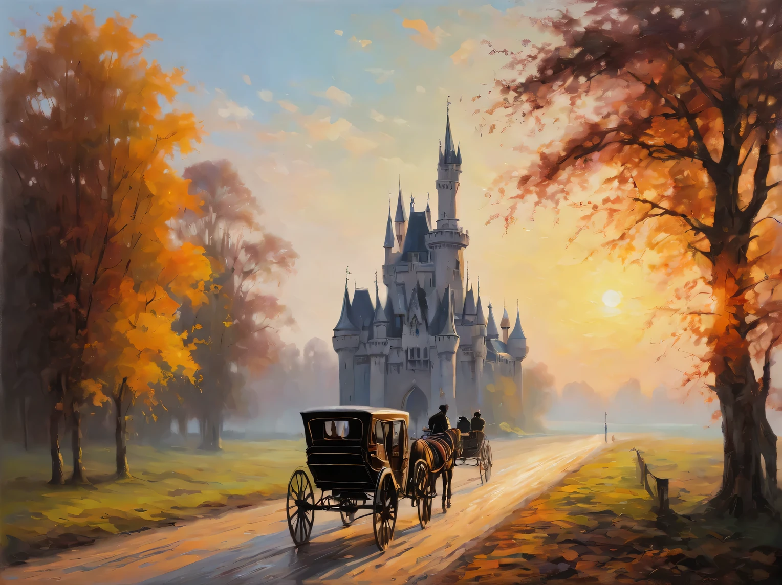 gothic aesthetics, gothic morning, Gothic landscape, Gothic castle in the morning sun, road, conveyance, couple walking on the road, Gothic palette, A high resolution, play of colors and shadows, oil painting, High resolution 32K, A high resolution