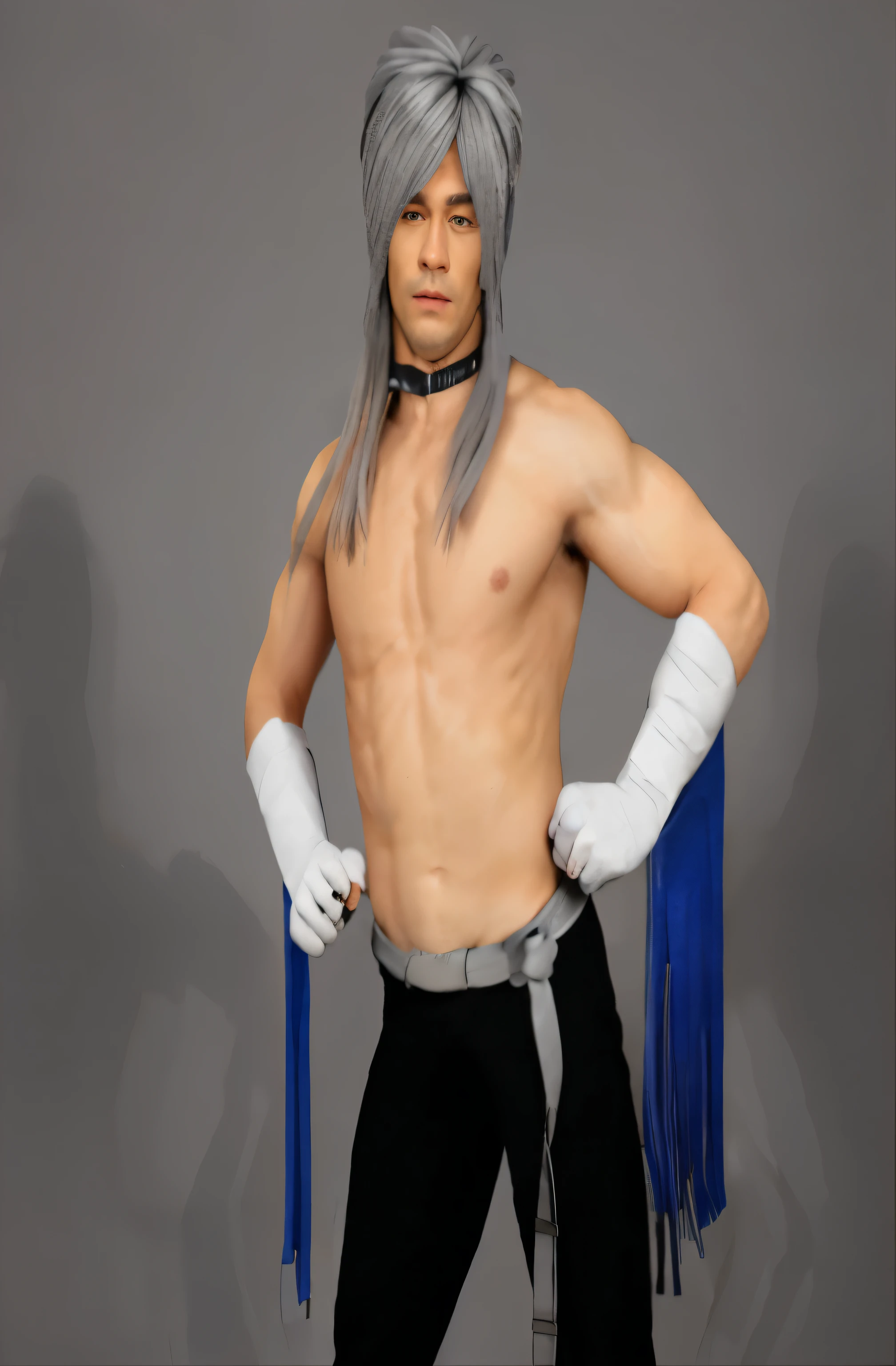 ((masterpiece, best quality)),white man with grey hair black tights with long white belt and white gloves with blue tassles, realistic face, realistic body, black neckband with spikesphoto realistic, intricate details
