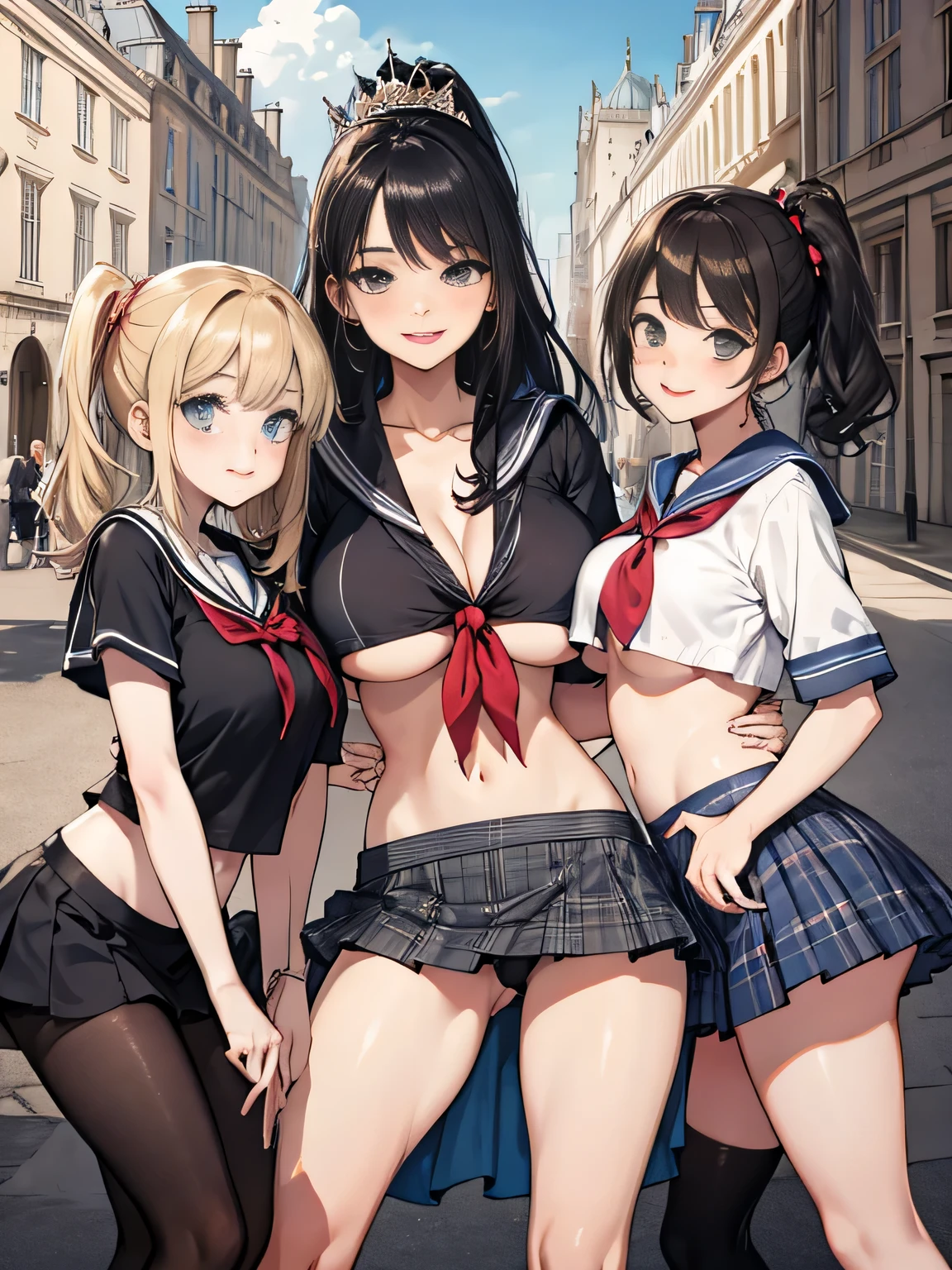 highest quality、High resolution、detailed background、beautiful and detailed face、beautiful and smooth skin、skin texture、professional lighting、Beautiful  girl、((three women))、(huge breasts:1.1)、(five fingers)、underboob、panty shot、sexy panties、playfully、
sexy sailor suit、Pleated mini skirt with tartan plaid pattern、cute hairstyle、side ponytail、Cute High Socks/on your knees、cute knee high socks、emphasize the chest、smile、laughter、smile、sexual expression、school trip、Pose against a backdrop of buildings and landscapes、Buckingham Palace、Paraty Nail New Palace、castle of versailles