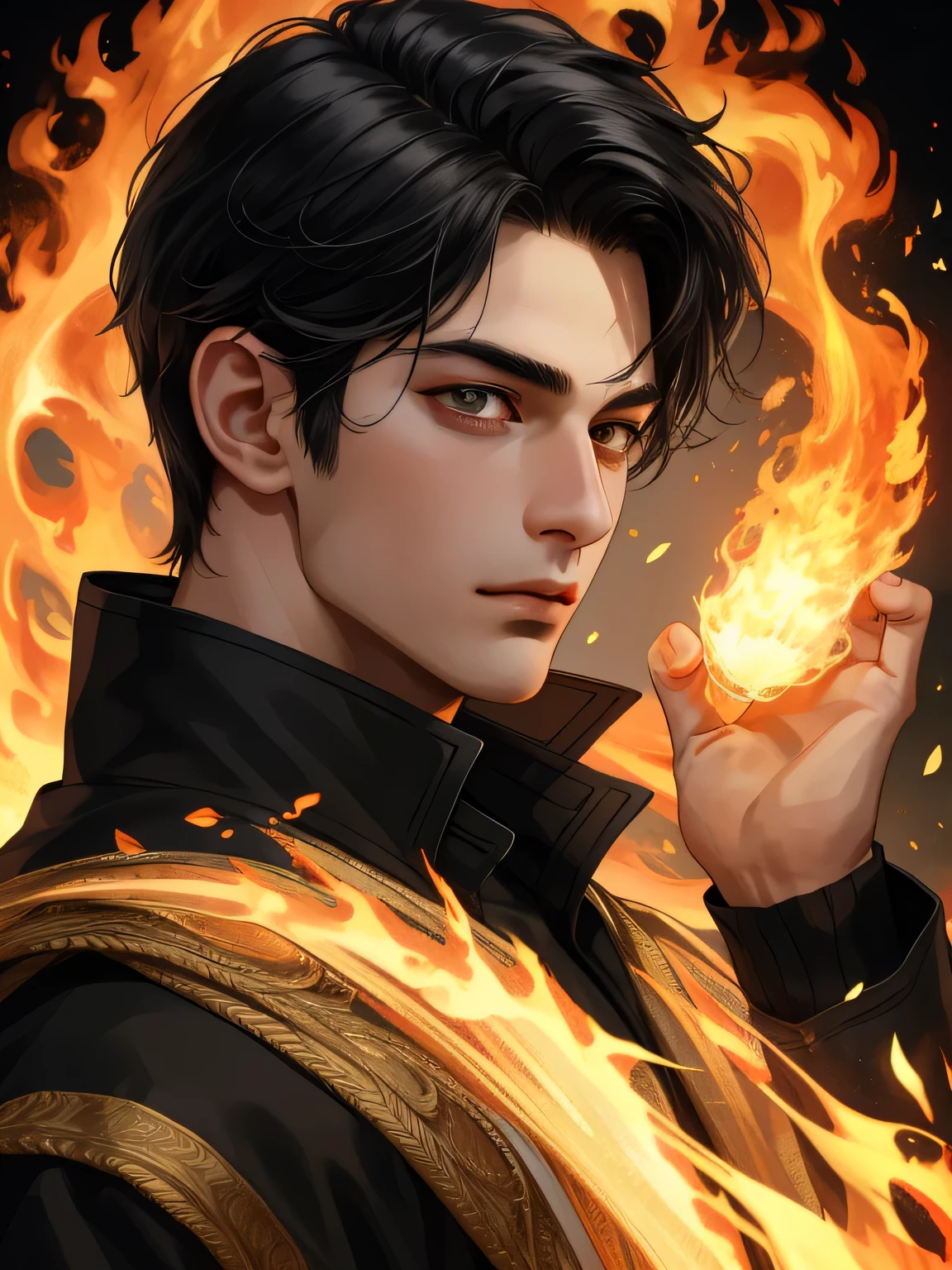 Masterpiece, High detail, Best quality, Young man, ((16 years)), High detail, detailed face ((black hair, dark eyes)), smooth skin, magic, fire mage