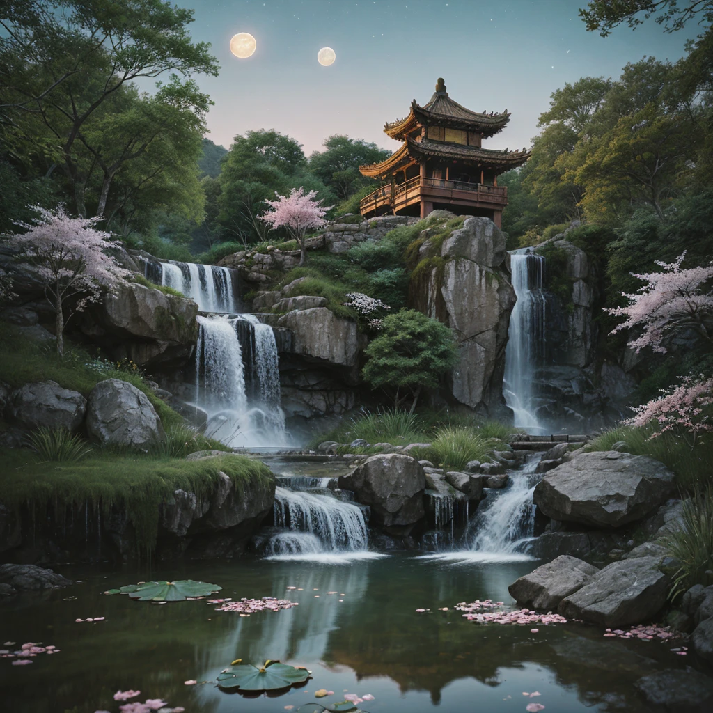 Ancient Chinese architecture, moon, midnight, garden, falling cherry blossom petals, lake, stone bridge, rockery, arch, corner, tree, running water, landscape, outdoor, waterfall, grass, rock, water lily, hot spring, water vapor, (Illustration: 1.0), Epic Composition, Realistic Lighting, HD Details, Masterpiece, Best Quality, (Very Detailed CG Unity 8k) --v 6