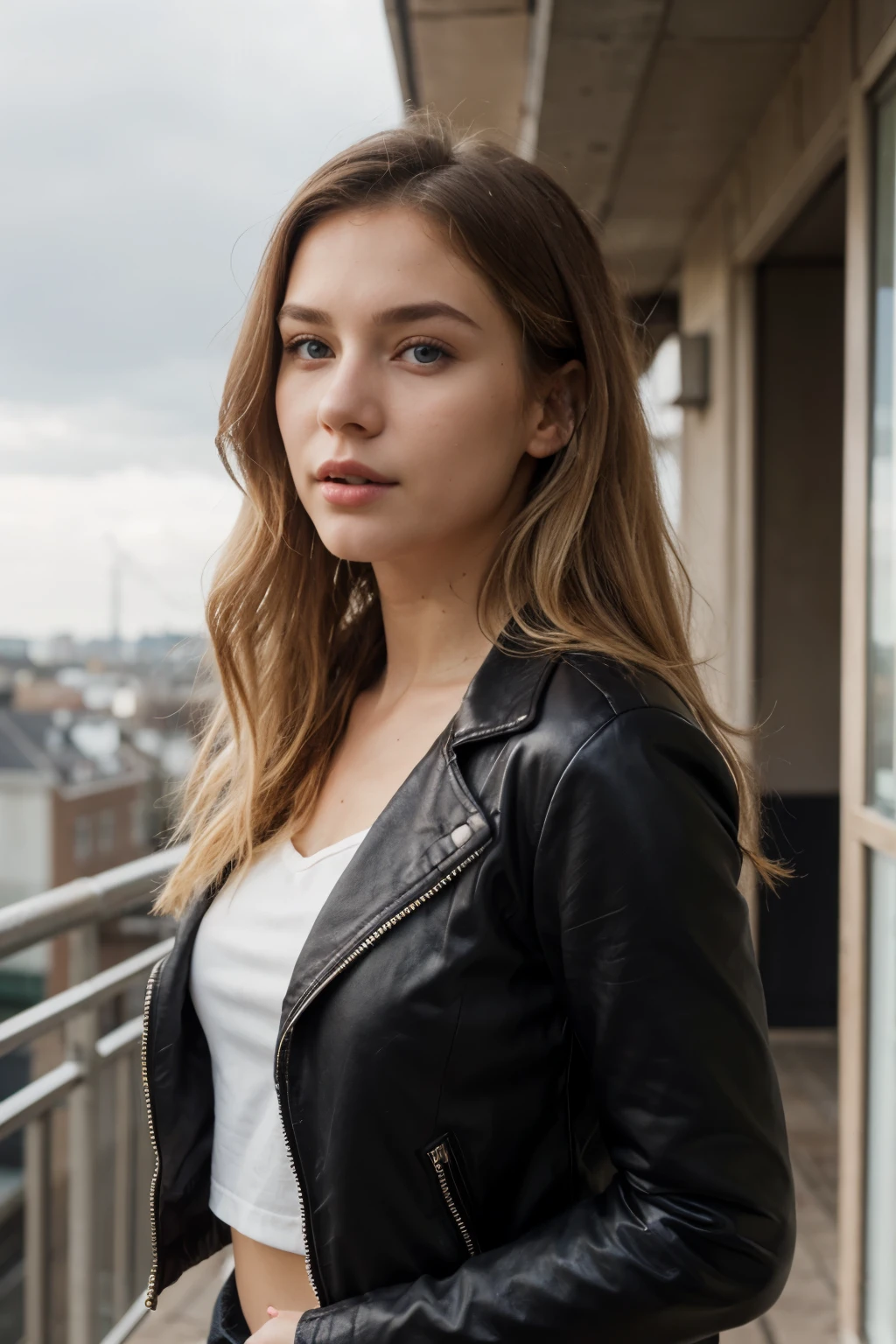 Extremely realistic blonde Russian girl with blonde hair and blue eyes, wearing a black leather jacket, white top, entire upper body, looking at the sky, not portrait