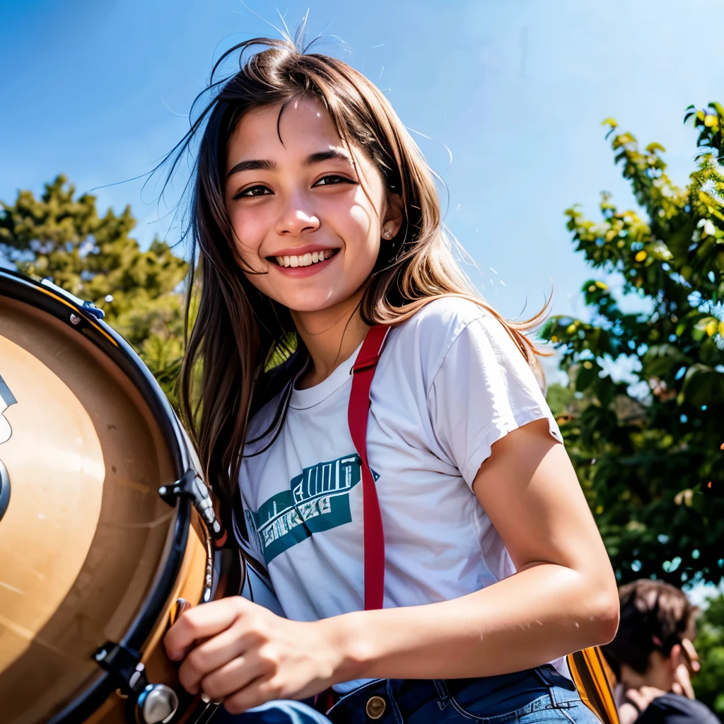 （exquisite illustrations：1.4），（master piece：1.0）， （best quality：1.4）， （ultra high resolution：1.2）， （Realistic：1.4），（18-year-old：1.3）, high school student, rock band , drum, bright, smile, real, realistic