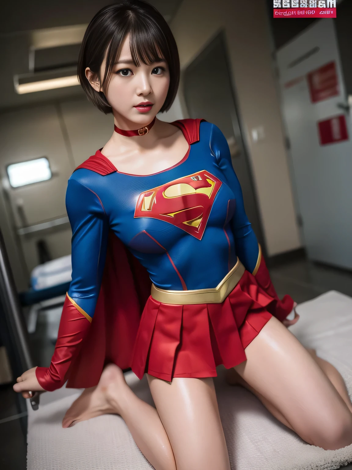 masterpiece、supergirl costume、short hair、barefoot, big and full breasts、torture、operating room、operating table、straddle、sweating、shiny、look at the camera、provocation、Estrus、choker、Weekly magazine cover、long sleeve、red mini skirt、obscene pose、Seduce、humiliating