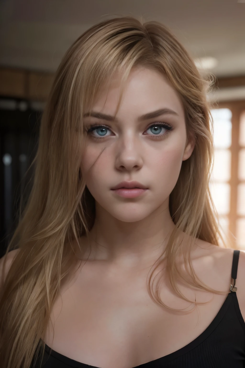 In this image, an imposing blonde woman is in the locker room, her presence marked by a distinctive feature: a half-bang that delicately covers one of her eyes. Her golden hair falls in soft locks around her face, creating a mysterious and intriguing aura. Her intense gaze, emanating from one of her visible eyes, conveys determination and confidence, while the other remains hidden, adding a touch of mystery to her expression. Her proud and athletic posture contrasts with the softness of the hair that frames her face, creating a unique combination of strength and delicacy. This image captures the essence of a woman who exudes charm and magnetism, leaving a lasting impression wherever she goes.