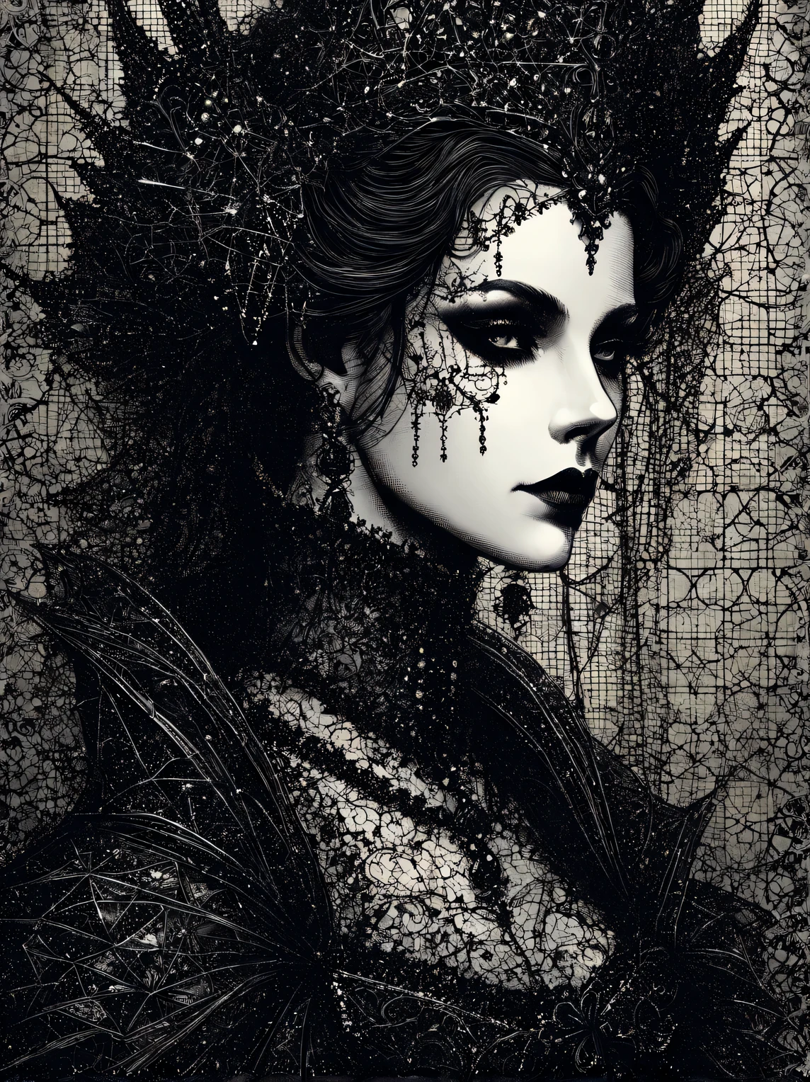 gothic aesthetics, Portrait of a Gothic Queen, The Art of Drawing Dots, Small dots, Dotted shadows, small touches, filling with fractals, High detail, A high resolution, play of colors and shadows, Gothic palette, gothic fractal background, High resolution 32K, A high resolution