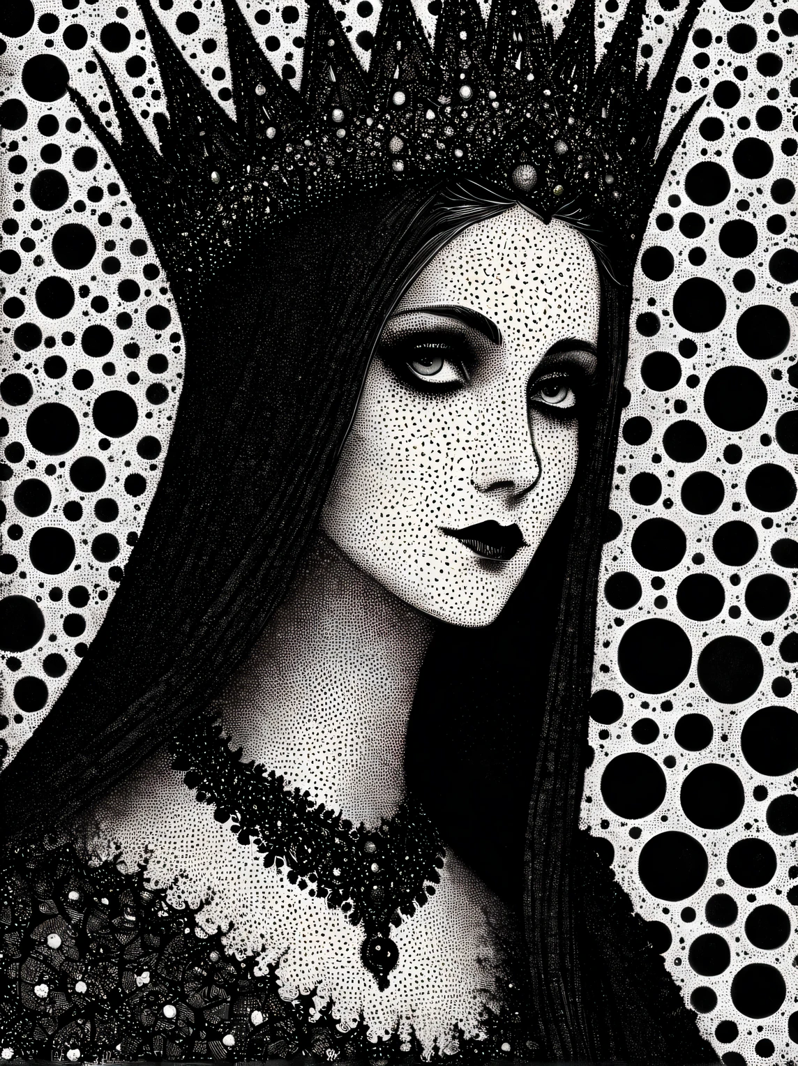 gothic aesthetics, Portrait of a Gothic Queen, The Art of Drawing Dots, Small dots, Dotted shadows, small touches, filling with fractals, High detail, A high resolution, play of colors and shadows, Gothic palette, gothic fractal background, High resolution 32K, A high resolution, Edward Gorey