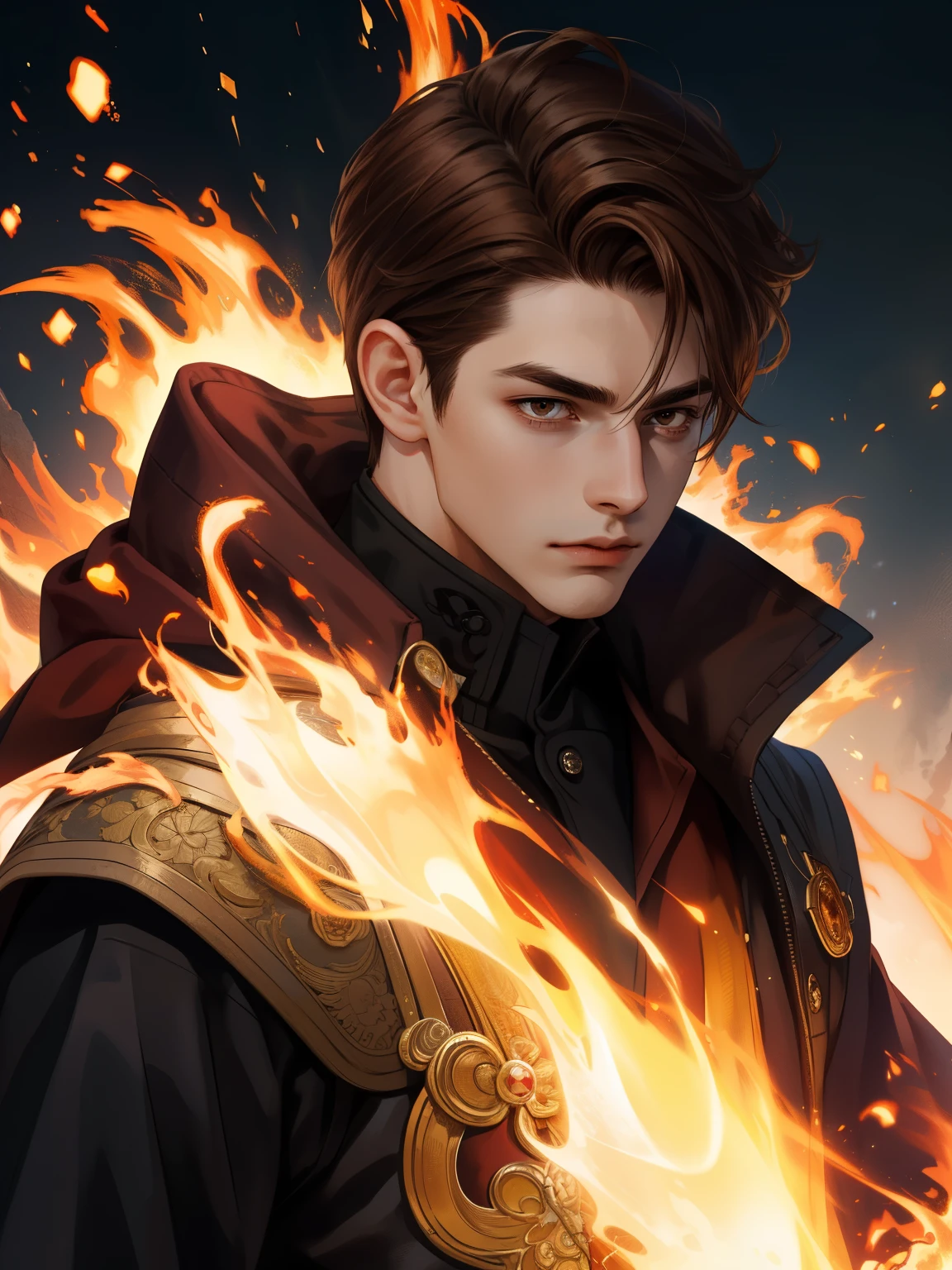 Masterpiece, High detail, Best quality, Young man, ((16 years)), High detail, detailed face ((Brown hair, dark eyes)), smooth skin, magic, fire mage