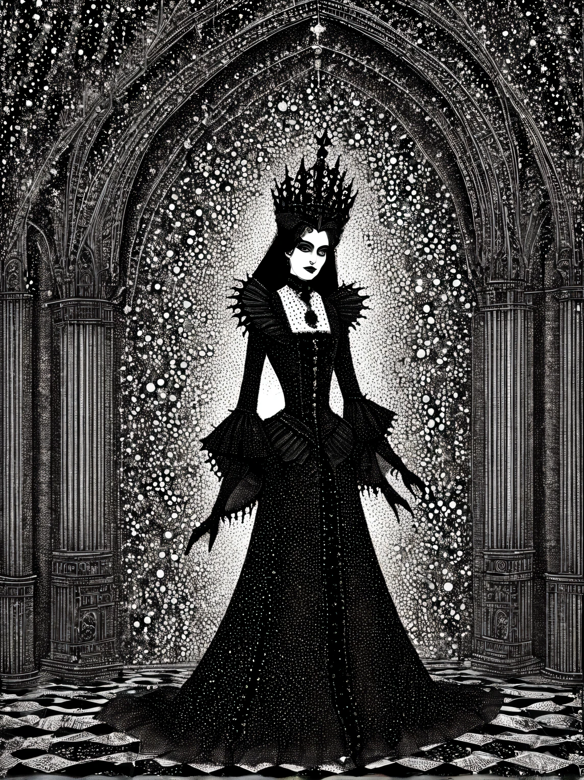 gothic aesthetics, Portrait of a Gothic Queen, The Art of Drawing Dots, Small dots, Dotted shadows, small touches, filling with fractals, High detail, A high resolution, play of colors and shadows, Gothic palette, gothic fractal background, High resolution 32K, A high resolution, Edward Gorey