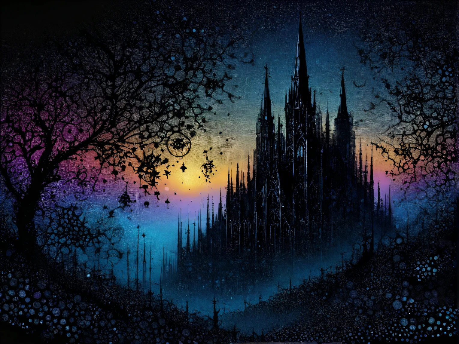 gothic aesthetics, Dawn in Gothic style, Gothic landscape, gothic morning, The Art of Drawing Dots, Small dots, Dotted shadows, small touches, filling with fractals, High detail, A high resolution, play of colors and shadows, Gothic palette, gothic fractal background, High resolution 32K, A high resolution