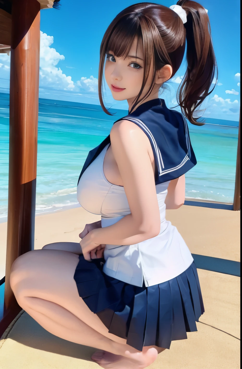 highest quality、8k、realistic、1 girl、23 years old、full body portrait、Rear view、curvy body type、(dark brown hair ponytail:1.4、Japanese school sailor suit:1.3、navy pleated skirt、skirt fluttering in the wind:1.2)、(embarrassing、sit on the ground:1.2、hold one's knees、sandy beach)、(white and navy theme:1.2), (big breasts), beautiful thighs、beautiful butt