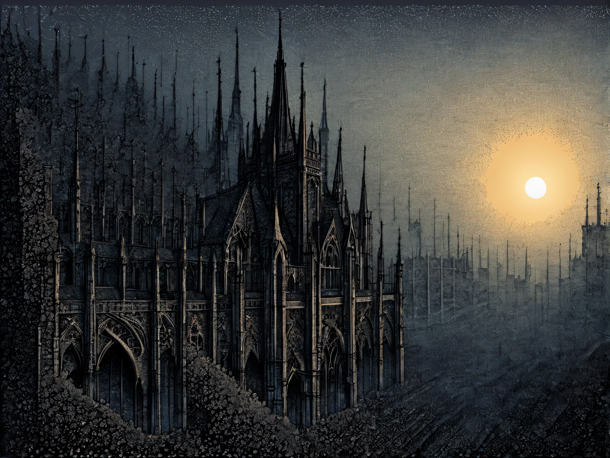 gothic aesthetics, Dawn in Gothic style, Gothic landscape, gothic morning, The Art of Drawing Dots, Small dots, Dotted shadows, small touches, filling with fractals, High detail, A high resolution, play of colors and shadows, Gothic palette, gothic fractal background, High resolution 32K, A high resolution