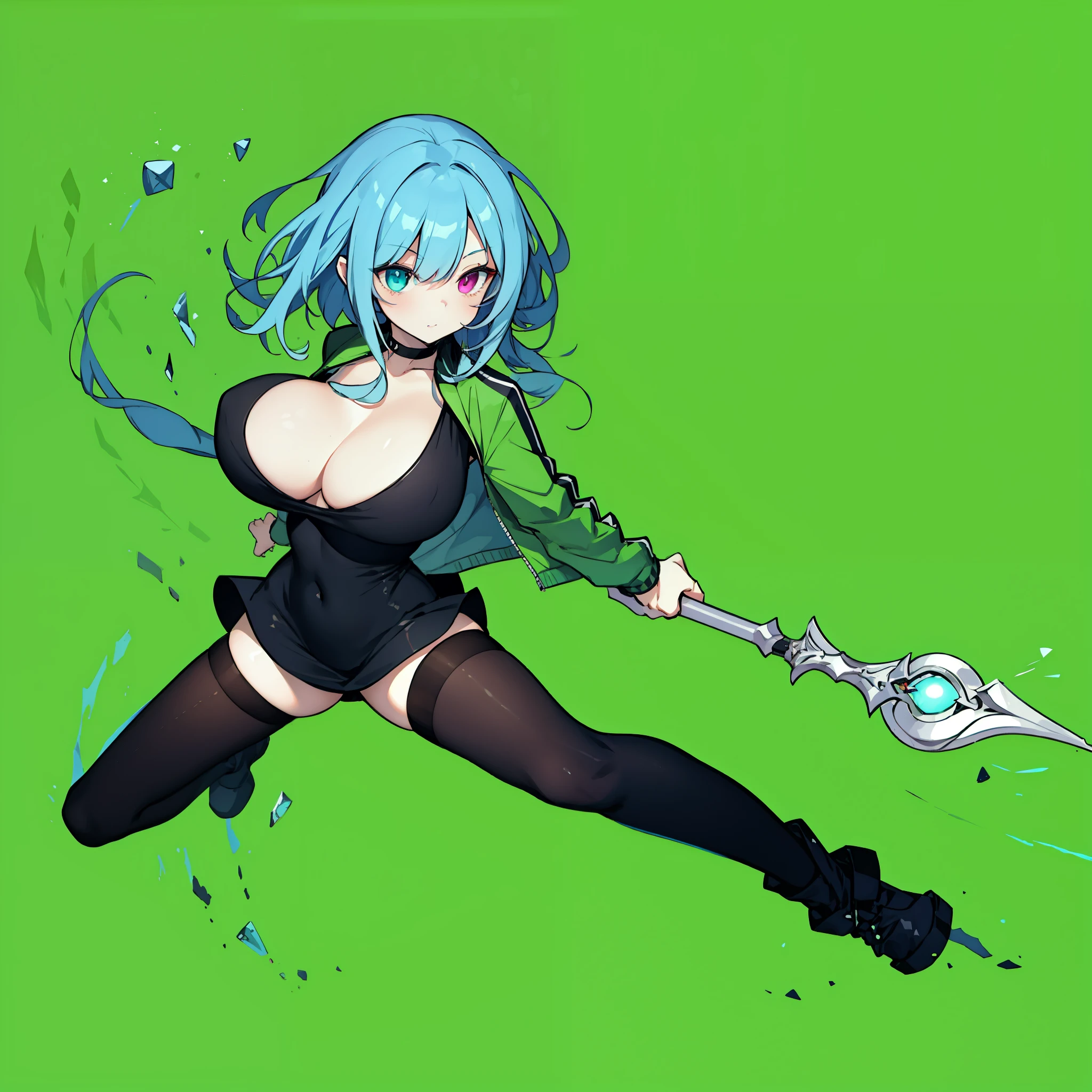 1 skinny girl, solo, light blue hair, red and purple heterochromia, bending back, looking at viewer, BREAK, black plunging neckline short dress, dark yellow cropped jacket, black thighhighs, BREAK, (bouncing unaligned huge breasts:1.2), very short torso, (inconceivably narrow waist), thin long legs, BREAK , holding a spear, BREAK, nsfw, crotch