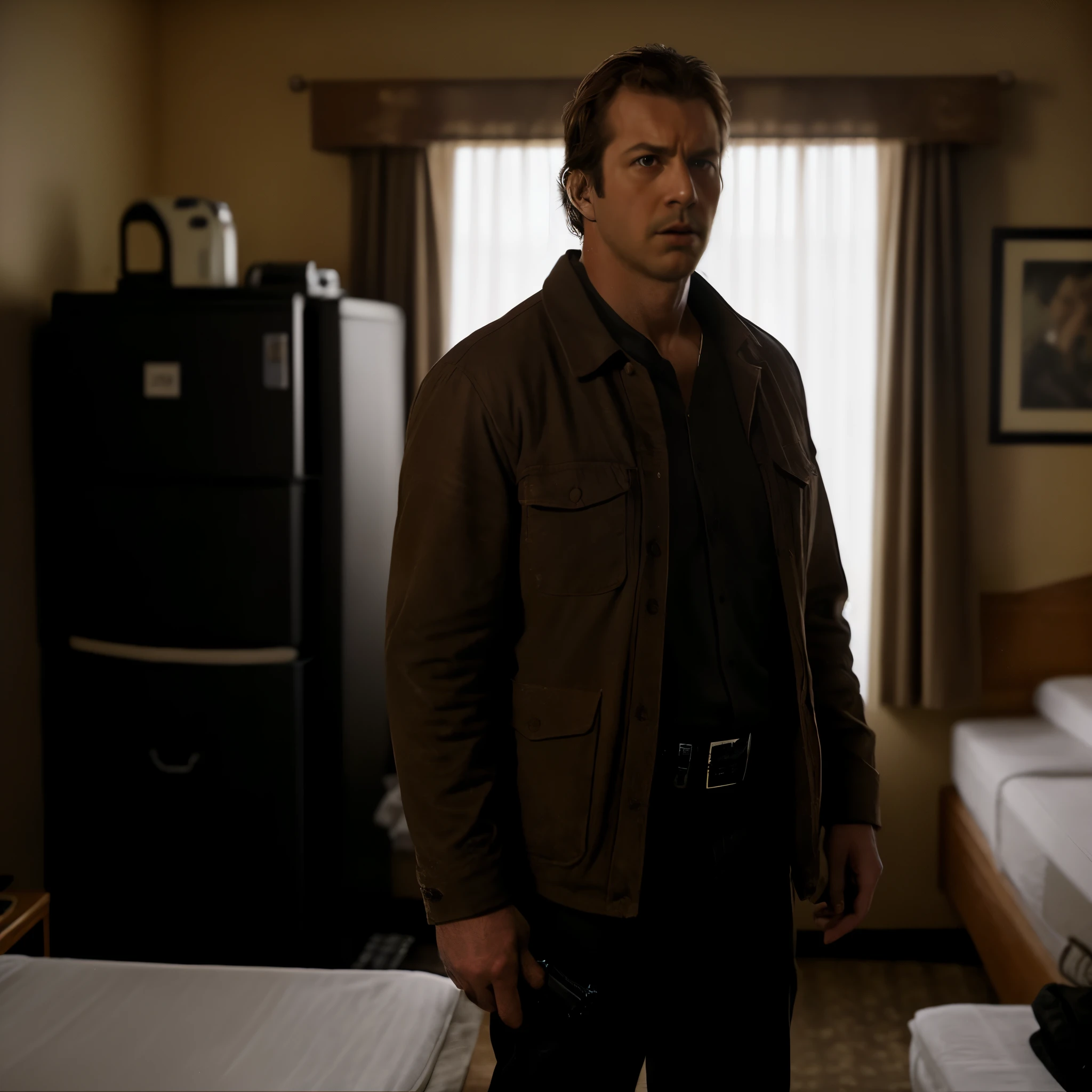 there is a man standing in a room with two beds, 8 k movie still, movie still 8 k, igla movie shot, photorealistic logan movie still, shot from movie, shot from danis villeneuve movie, high quality film still, full color still, still from a live action movie, movie action still frame, taken with canon 5d mk4