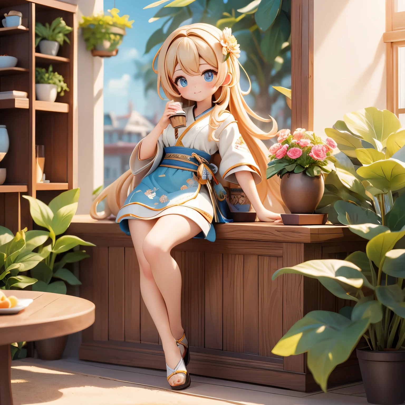 masterpiece,best quality,masterpiece,best quality,official art,Extremely detailed CG unified 8k wallpaper,Slightly retro color,rice print style,illustration,Lovely,1 girl,flowers,windowsill,flowerpot,Drink coffee,.