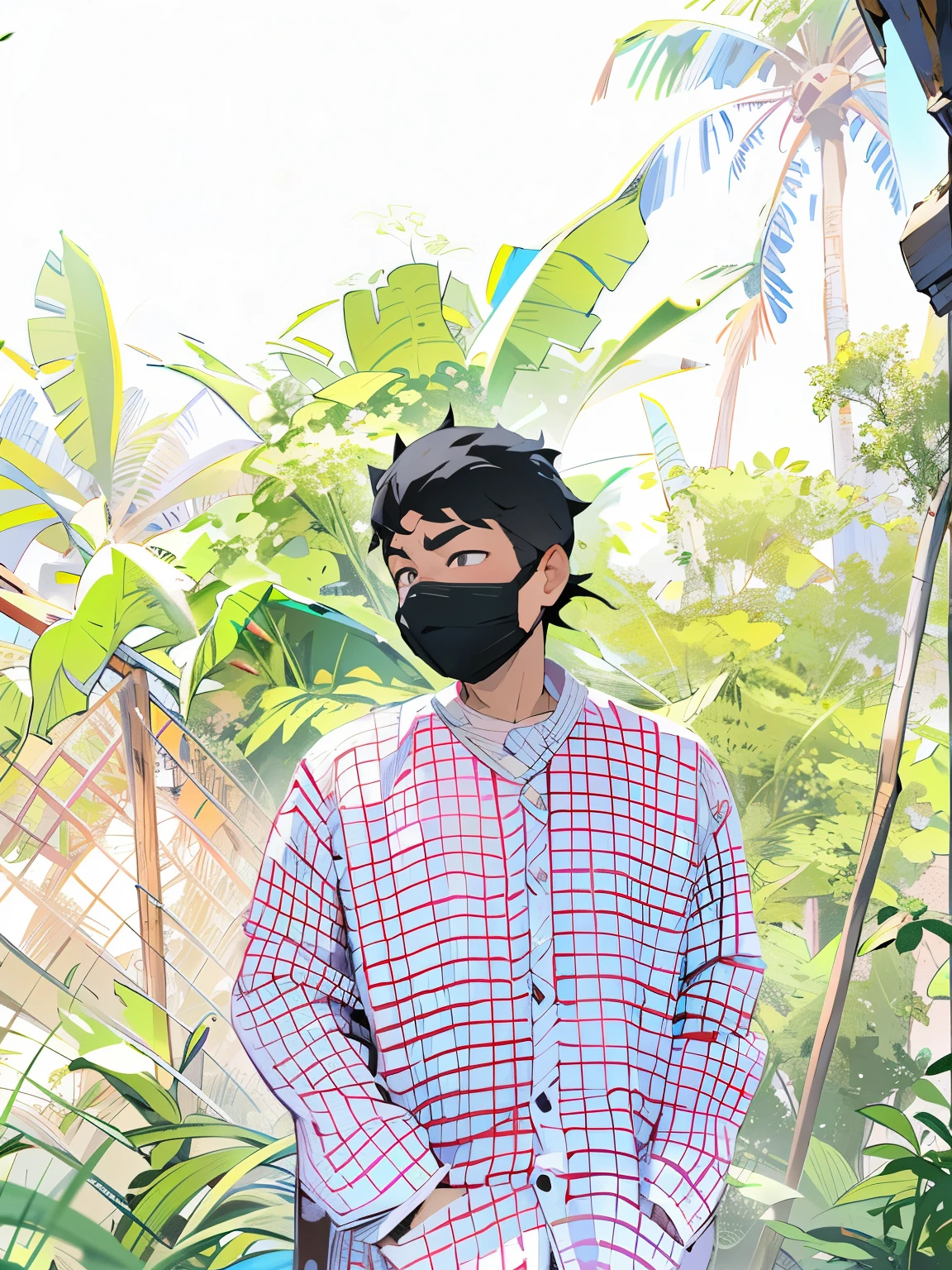 arafed man wearing a face mask standing in front of a tree, wearing all black mempo mask, wearing mask, wearing facemask, assamese aesthetic, full mask, wearing a mask, some of them use gask mask, no face mask, mask, facemask, with lovely look, wearing wooden mask, black facemask, one single mask