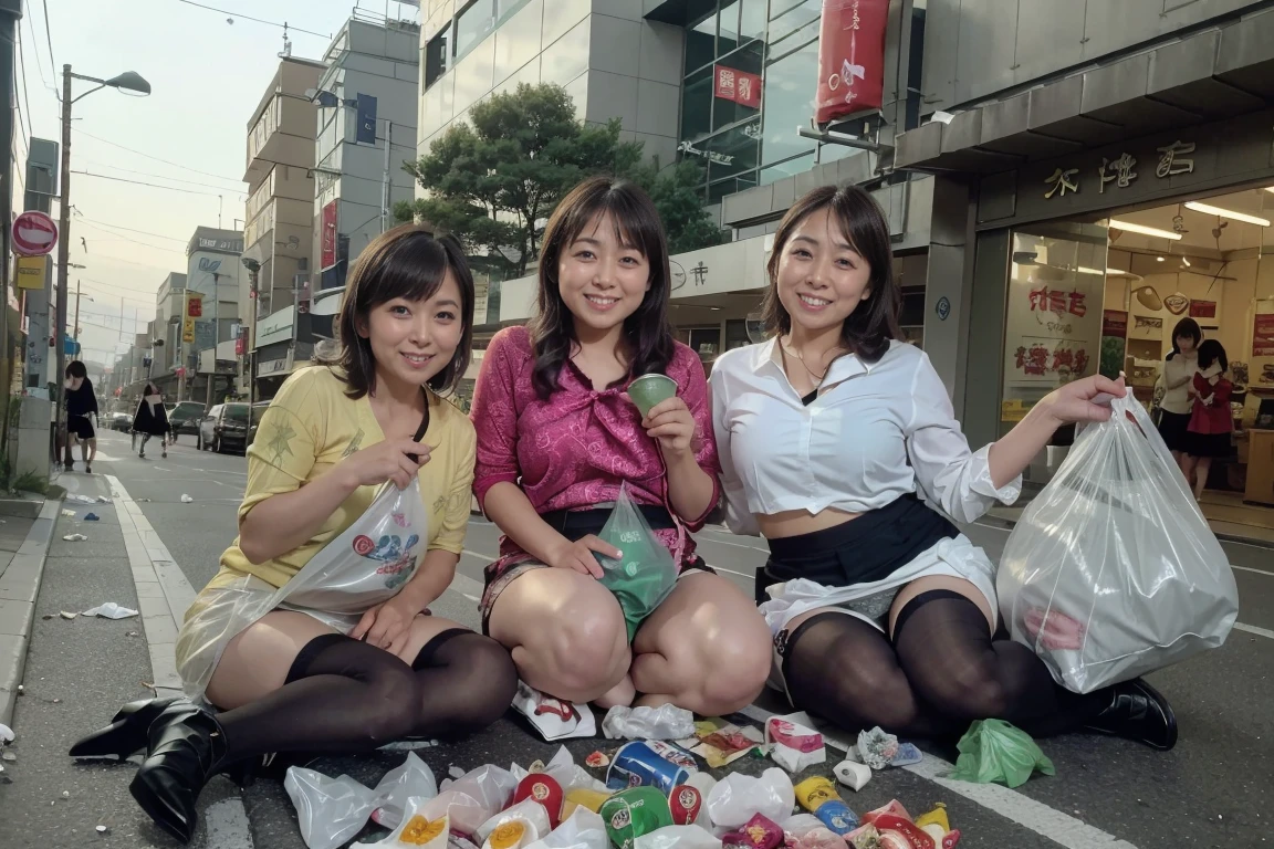 Highest image quality、highest quality、highest resolution、masterpiece、portrait、accurate perspective、accurate size balance、45 years old、(There are three beautiful women:1.4）、(light brown long curly hair)、(full body shot:1.4)、looking at the camera、shot at low angle、(canned chuhaiを飲み過ぎて酔っている:1.4)、(sleepy face:1.4)、cheeks are red、smile、(lean body:1.4)、((legs wide open))、((patterned blouse and miniskirt、garter belt and stockings、high heels、lace bra and panties:1.4))、(Cardboard is laid out on the road in front of a luxury department store in Ginza.:1.4)、(canned chuhai、beer bottle、Whiskey bottles、lunch box container、sweets bag、Plastic bags etc. are scattered around.:1.4)