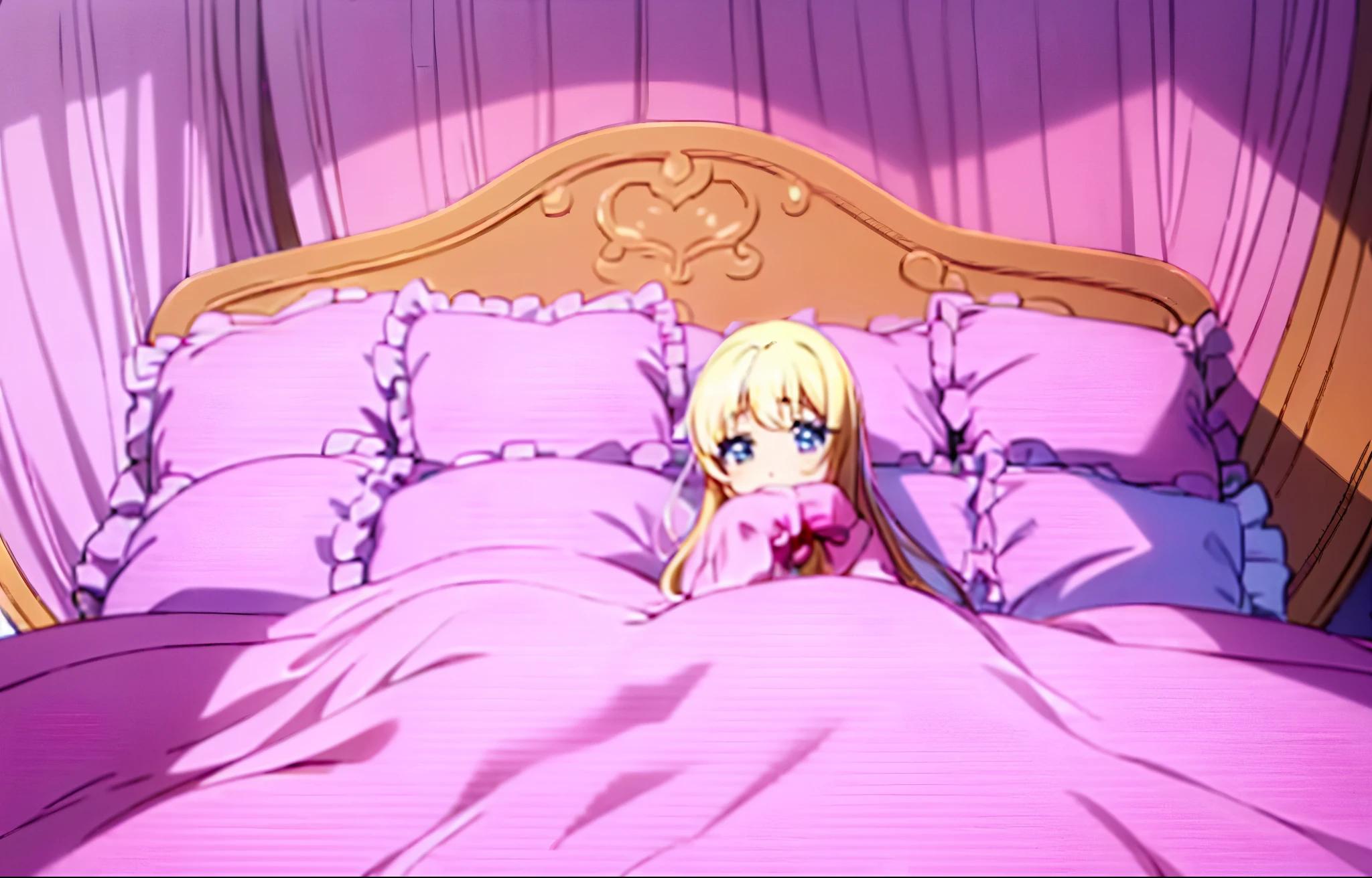 ,highest quality, masterpiece, highest resolution, artwork, super それにget used to it, many get used to it, get used to it, それにget used to it, 3K anime illustration,(( 10 year old girl)),Super detailed baby face,high quality small face,long blonde hair,blue eyes,白い肌のeuropean,pajamas, european,curly hair,blue eyes,((((ピンクのロリータファッションのlong skirtのワンピースドレス)))),((Pink dress with lots of frills and ribbons)),((Luxurious headdress with frills and ribbons)),detailed headdress,,(((big yoke collar))),Yoke collar with ruffles and ribbons,((((long sleeve)))),ruffle sleeves,((((long skirt)))),white ruffle and lace socks,large frill and ribbon pillow,(((Nice pink outfit))),豪華なcanopy bedの上,canopy bed,The bed is surrounded by luxurious curtains,many frilly pillows on the bed,There are many frilly pillows behind the girl.,super detailed background,detailed bed,soft pink comforter,Highly detailed soft ruffle pillow,Beautiful girl illustration,detailed beautiful face,fine hair,detailed eye ,detailed eyes,detailed mouth, arm details,fine hands,Detailed pillow,wide bed,Illustration on the bed, ,((((round futon)))),((((A large ruffled futon that covers the entire bed)))),detailed comforter,detailed bedシーツ,Before bedtime,romantic atmosphere,palace bedroom,((((The lower half of the body is hidden under a large futon...)))) The girl is leaning on a pile of pillows, ,((((round futon)))),((((A large ruffled futon that covers the entire bed)))),