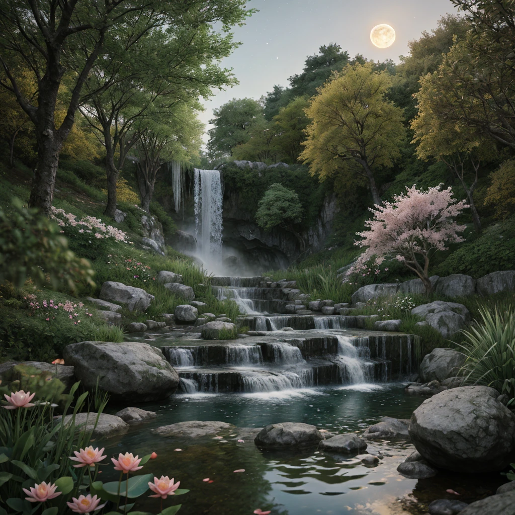 Ancient Chinese architecture, moon, midnight, garden, Peach Tree with falling peach blossom petals, lake, stone bridge, rockery, arch, corner, tree, running water, landscape, outdoor, waterfall, grass, rock, water lily, hot spring, water vapor, (Illustration: 1.0), Epic Composition, Realistic Lighting, HD Details, Masterpiece, Best Quality, (Very Detailed CG Unity 8k) --v 6