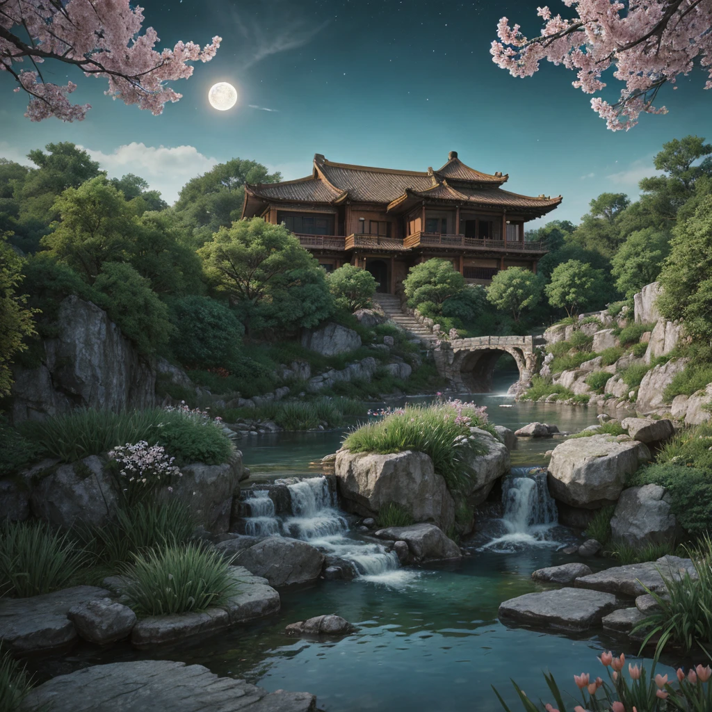 Ancient Chinese architecture, moon, midnight, garden, Peach Tree with falling peach blossom petals, lake, stone bridge, rockery, arch, corner, tree, running water, landscape, outdoor, waterfall, grass, rock, water lily, hot spring, water vapor, (Illustration: 1.0), Epic Composition, Realistic Lighting, HD Details, Masterpiece, Best Quality, (Very Detailed CG Unity 8k) --v 6