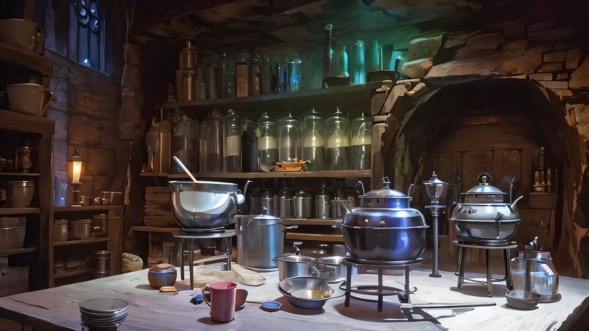 There are many pots and pans on the table in the room.., magic laboratory setting, Wizard Labs, she is in the part workshop, part, magical part, magic part, Kinshuji Temple, partショップで, partに呪文を唱える, 魔女の小屋でpartを醸造する, harry potter series setting, Photo inside the Cave of Gathering, partを作る