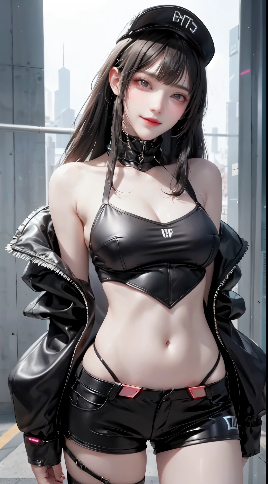 Beautiful woman with medium hair, Wear a hat, Cyberpunk style shorts