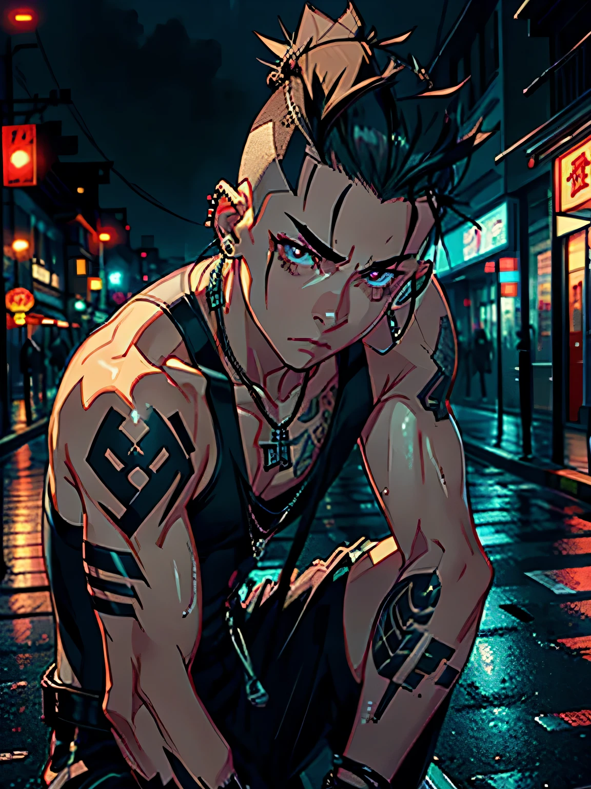 male性1people々、一peopleで、male、bad、cyber punk、20Year、necklace、bracelet、many ears pierced、piercing in the lips、neck tattoo、rather narrow eyes、look at me、brown eyes、wonderful、accurate drawings、Detail view、soft mohawk、amount、gray hair、long face、beard、cheekbone、thin、port at night、neon、rain、Reflection on the ground、leaning against the wall、態度がbad、stylish、