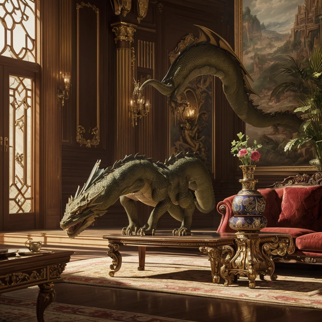 (best quality,4k,8k,highres,masterpiece:1.2), ultra-detailed, (realistic,photorealistic,photo-realistic:1.37), (dragon:1.1) breaks a vase, (cat:0.9) breaks a vase, (grand:1.1, lavish:1.1) living room, (gothic:1.1) aesthetic