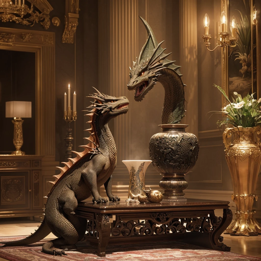 (best quality,4k,8k,highres,masterpiece:1.2), ultra-detailed, (realistic,photorealistic,photo-realistic:1.37), (dragon:1.1) breaks a vase, (cat:0.9) breaks a vase, (grand:1.1, lavish:1.1) living room, (gothic:1.1) aesthetic