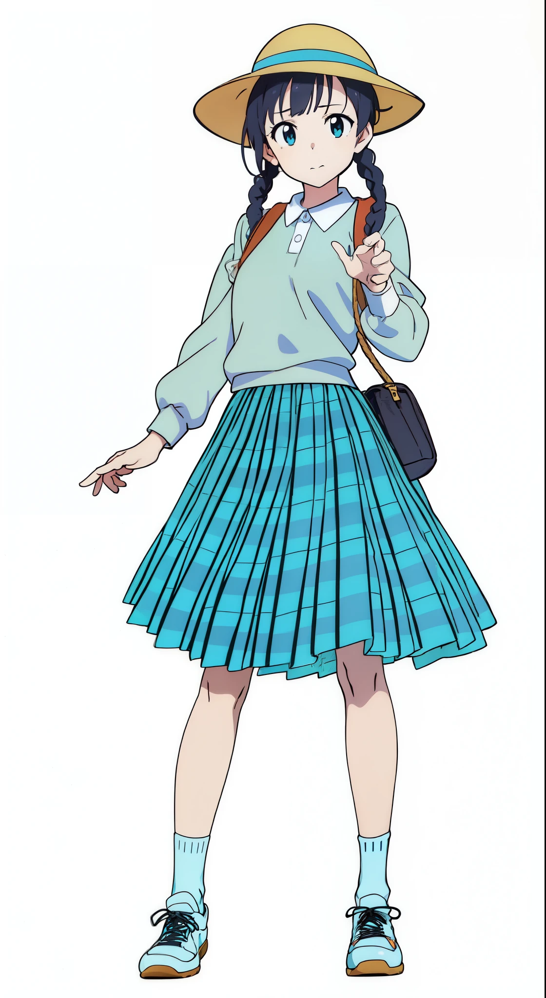 (action pose:1.5), (white background:1.0), (best quality:1.0), (masterpiece:1.0), (super fine illustration:1.0), (beautiful artwork:1.0), (anime screencap:1.0), (official art:1.0), (full body:1.0), (solo:1.0), (ESGA:1.0), (a 12yo cute girl:1.5), (yellow hat:1.25), (red backpack:1.0), (long skirt:1.0), (green tartan skirt:1.0), (pleated skirt:1.0), (aqua blue polo shirt:1.0), (long sleeve polo shirt:1.0), (sneakers:1.0), (white socks:1.25), (ideal ratio body proportions:1.0), (lanky:1.0), (tall:1.0), (slender:1.0), (small breasts:1.0), (smaller face:1.0), (tareme:1.5), (detailed beautiful eyes:1.5), (detailed beautiful face:1.5), (glowing black eyes:1.1), (short hair:1.0), (swept bangs:1.5), (twin braids:1.5), (black hair:1.0), (looking at viewer:1.5)