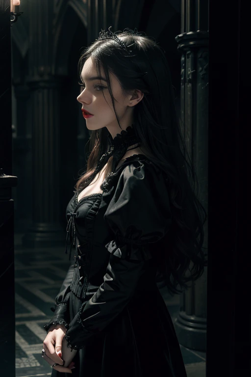 (RAW photo, best quality), (gothic aesthetic:1.1), best quality, extremely detailed, masterpiece, ultra-detailed, illustration, 1girl, full body, side view, eerie atmosphere, gothic cathedral, grey and black color palette, point of view from above, intricate gothic patterns, intricately designed clothing, high contrast lighting, brooding expression, long, wavy, black hair, red lips, sharp focus, foggy background, 4K resolution, cinematic lens, gothic roses, velvet textures, detailed eye make-up, fine beaded jewelry.