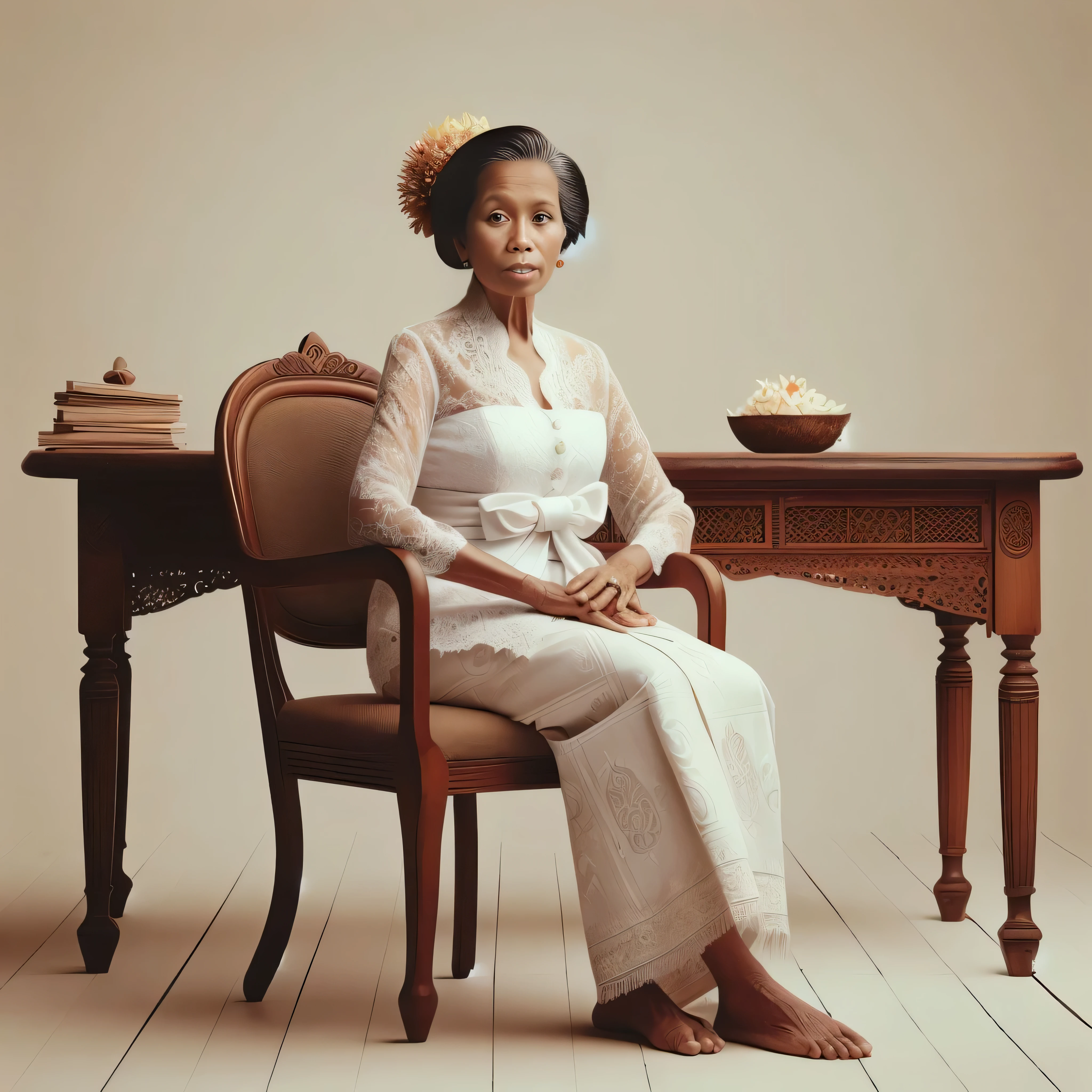 there is a old woman sitting at a table with a bowl of flowers, by Lily Delissa Joseph, dramatic portraiture of namenlos, barong family member, editorial portrait, seated in royal ease, mid shot portrait, portrait shot, inspired by Sasha Putrya, inspired by Ingrida Kadaka, elegant portrait, editorial photograph