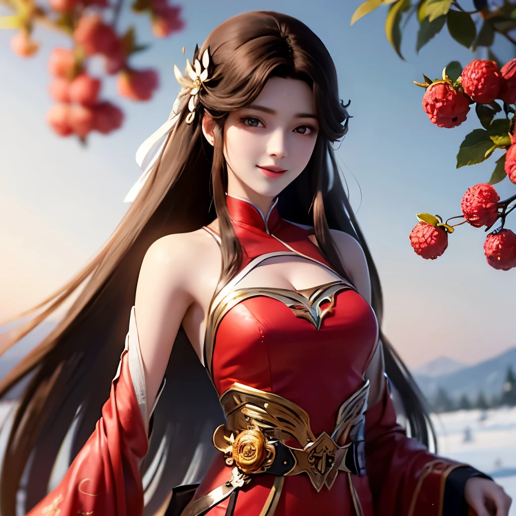 Beautiful girl with long brown hair, bright brown eyes, sweet smile, snow white skin,Her long hair is decorated with red mulberry flowers 🏵️,The girl wore a simple white hanfu with a red cloth tied around her waist, Forest setting filled with mulberry tree