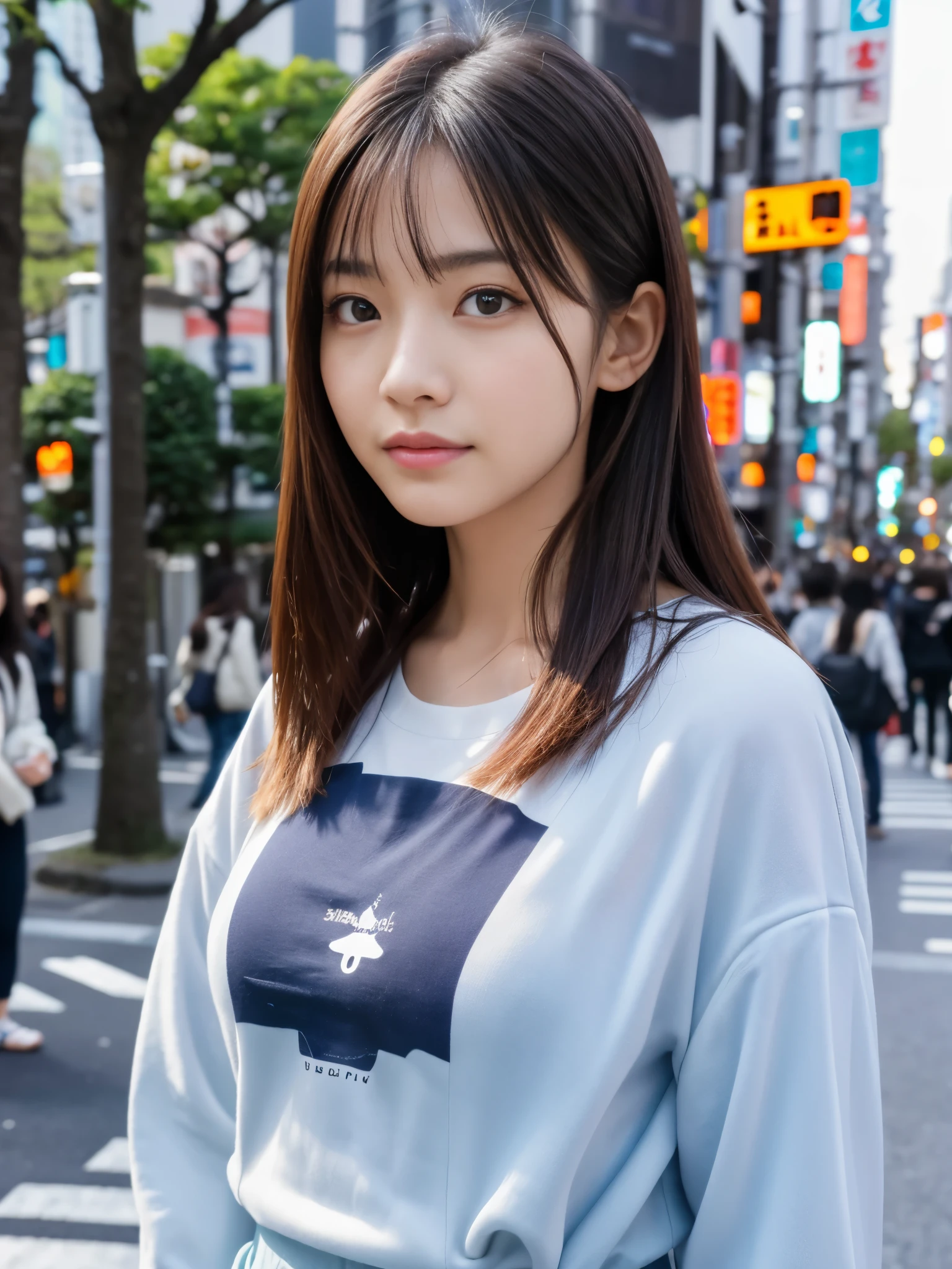 Photoreal, 8K full-length portrait, Beautiful woman, attractive look, Clear system, 18-year-old, Tokyo, 2024, spring, Shibuya in the background