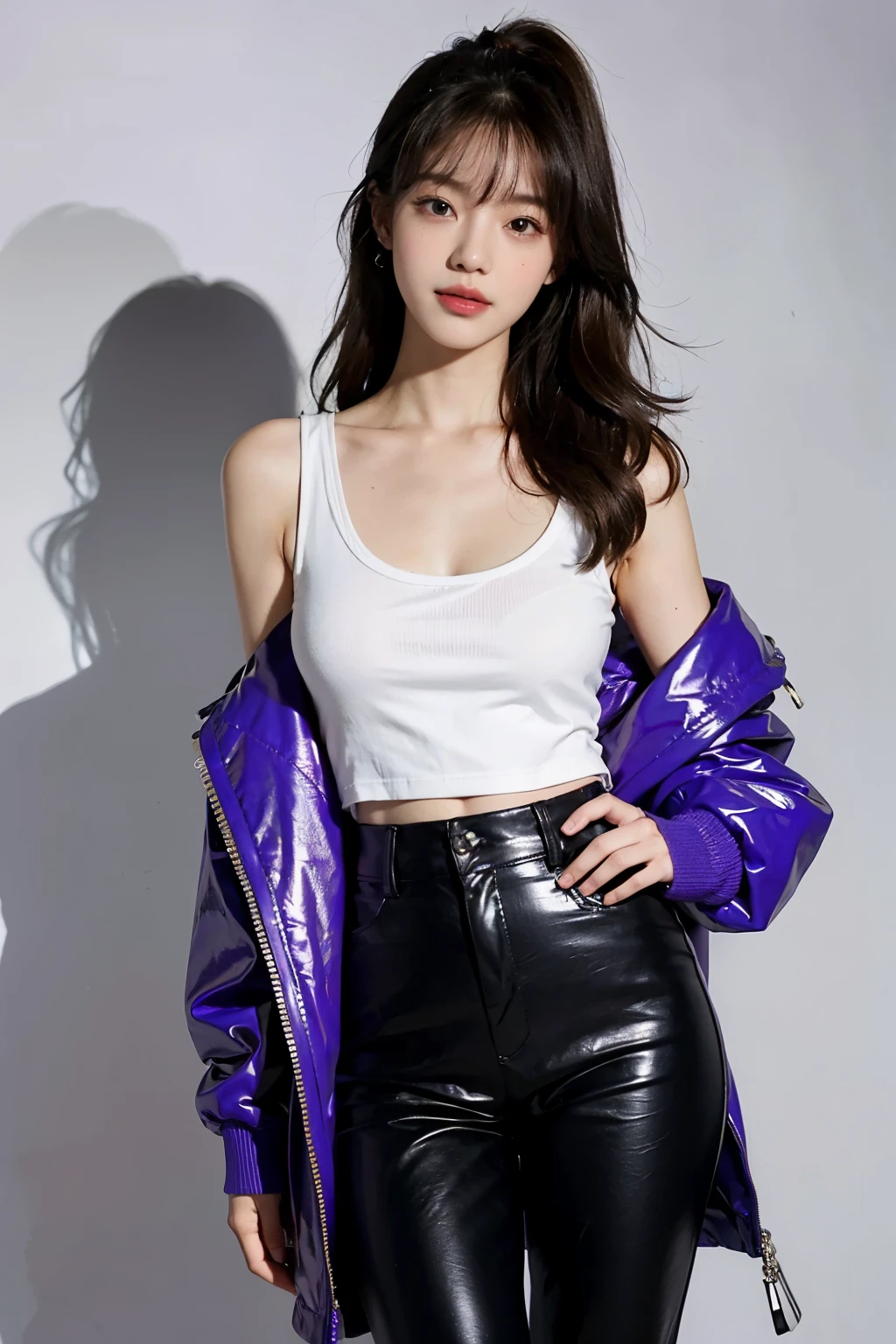 Masterpiece, top image quality, high resolution, solo presentation, Blackpink's Lisa, space helmet adorned, white tank top shirt revealing her shoulders, long black pants hugging her figure, and a long purple jacket adding a pop of color, all while showcasing a radiant, happy face. This full body portrait brings to life Lisa's unique charm.