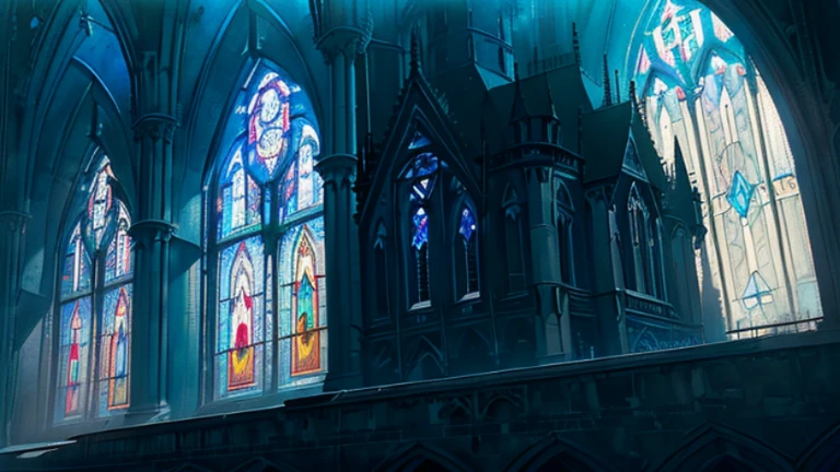 (Gothic building: 1.3), (Imposing: 1.5), (Blue sky in background: 1.2), (Daytime: 1), (Stained glass windows: 1.4), (Detailed architecture: 1.4), (Point of view from the ground: 1), (High contrast: 1.3), (Saturated colors: 1.2), (Realistic shadows: 1.3), (Sharp angles and lines: 1.4), (Distressed texture: 1.2), (Dramatic mood: 1.5), (Masterpiece: 1), (High resolution: 1.2), (