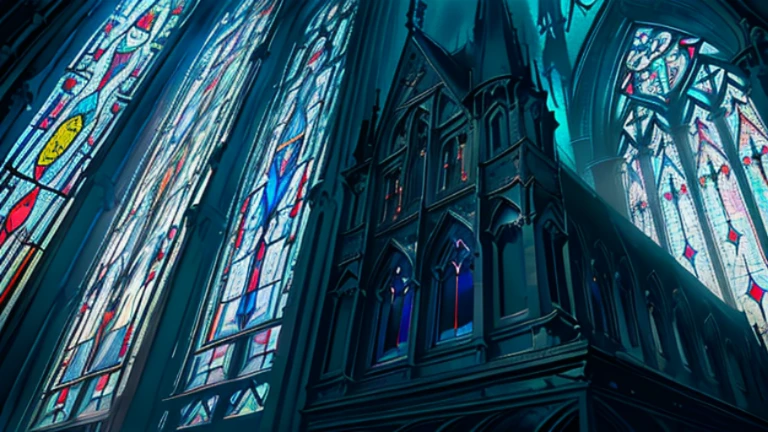 (Gothic building: 1.3), (Imposing: 1.5), (Blue sky in background: 1.2), (Daytime: 1), (Stained glass windows: 1.4), (Detailed architecture: 1.4), (Point of view from the ground: 1), (High contrast: 1.3), (Saturated colors: 1.2), (Realistic shadows: 1.3), (Sharp angles and lines: 1.4), (Distressed texture: 1.2), (Dramatic mood: 1.5), (Masterpiece: 1), (High resolution: 1.2), (