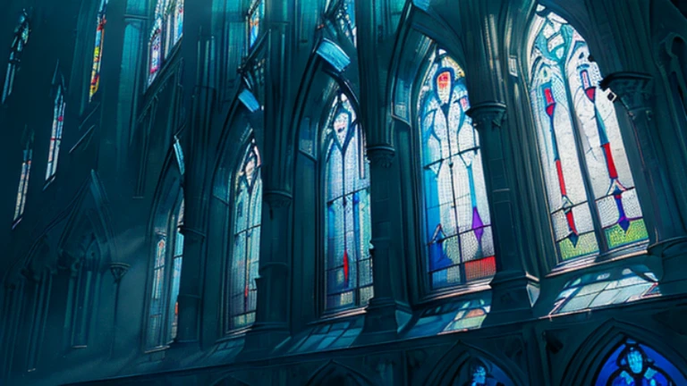 (Gothic building: 1.3), (Imposing: 1.5), (Blue sky in background: 1.2), (Daytime: 1), (Stained glass windows: 1.4), (Detailed architecture: 1.4), (Point of view from the ground: 1), (High contrast: 1.3), (Saturated colors: 1.2), (Realistic shadows: 1.3), (Sharp angles and lines: 1.4), (Distressed texture: 1.2), (Dramatic mood: 1.5), (Masterpiece: 1), (High resolution: 1.2), (