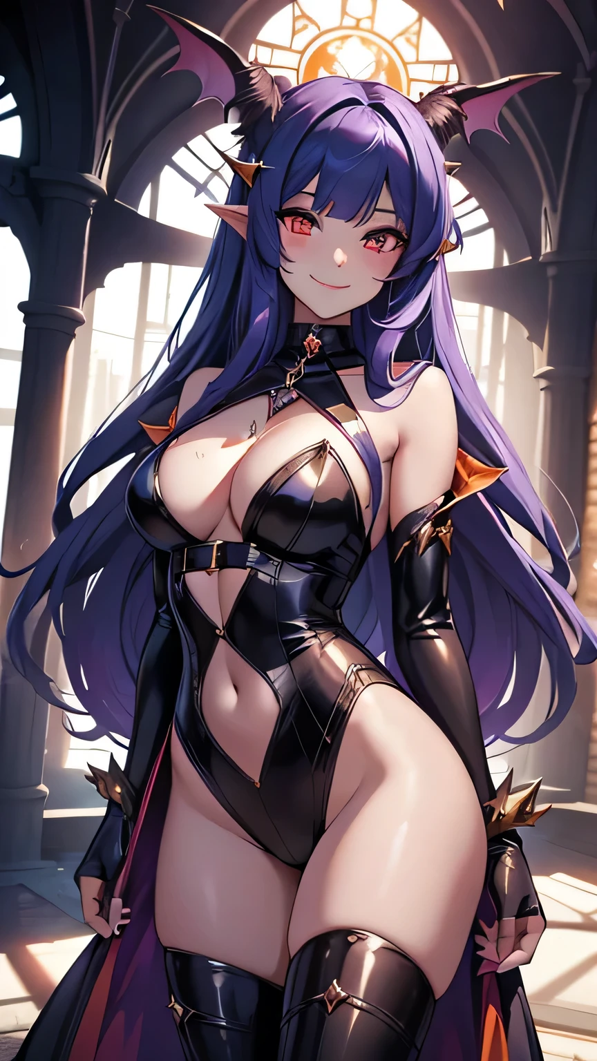 luna the succubus from monster girl prison, ((masterpiece,best quality)), 19 year old succubus, solo, smiling, looking at viewer, cowboy shot, cinematic composition, dynamic pose, tight but baggy orange prison jumpsuit