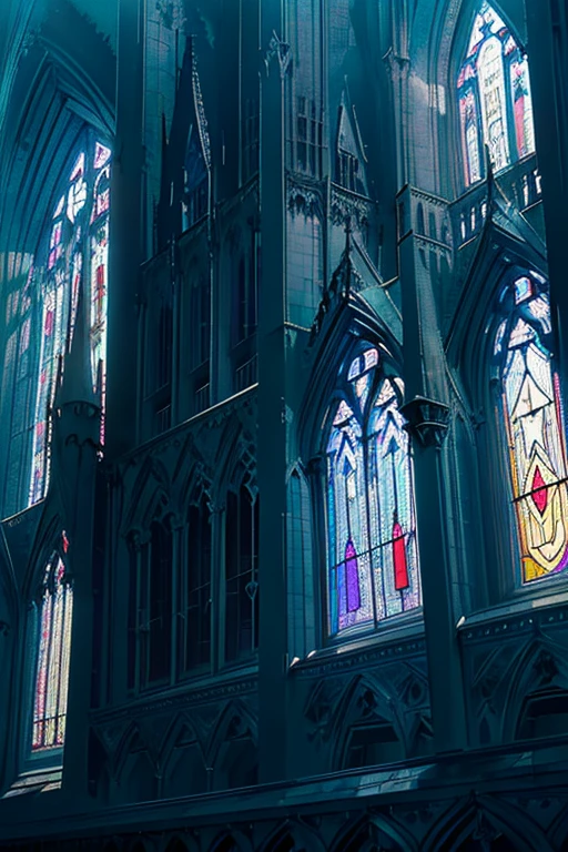 (Gothic building: 1.3), (Imposing: 1.5), (Blue sky in background: 1.2), (Daytime: 1), (Stained glass windows: 1.4), (Detailed architecture: 1.4), (Point of view from the ground: 1), (High contrast: 1.3), (Saturated colors: 1.2), (Realistic shadows: 1.3), (Sharp angles and lines: 1.4), (Distressed texture: 1.2), (Dramatic mood: 1.5), (Masterpiece: 1), (High resolution: 1.2), (